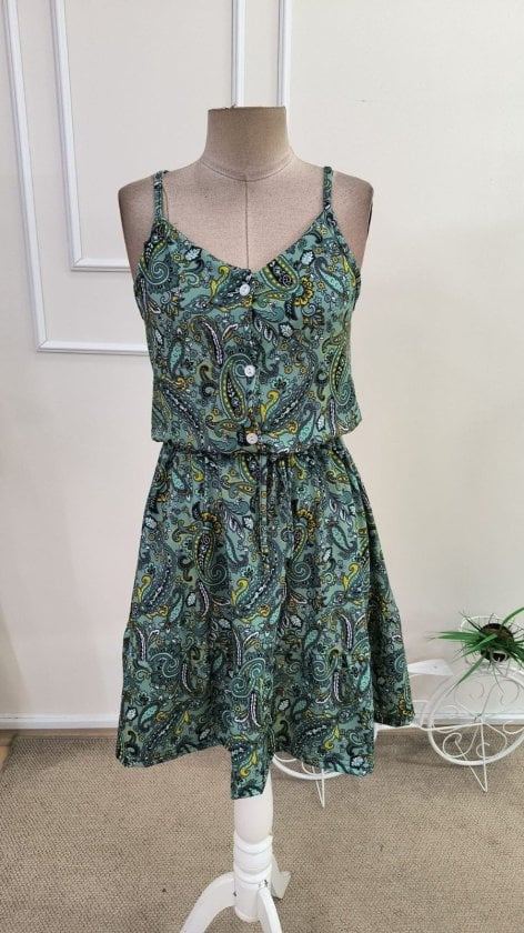 Women's Green Paisley Print Sleeveless V-Neck Short Dress with Drawstring Waist - Janes - by Peralane - photo 4