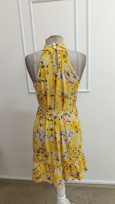 Women's Off-Shoulder Mock Neck Patterned Short Suprem Dress with Belt, Yellow Floral - Janes - by Peralane - photo 7
