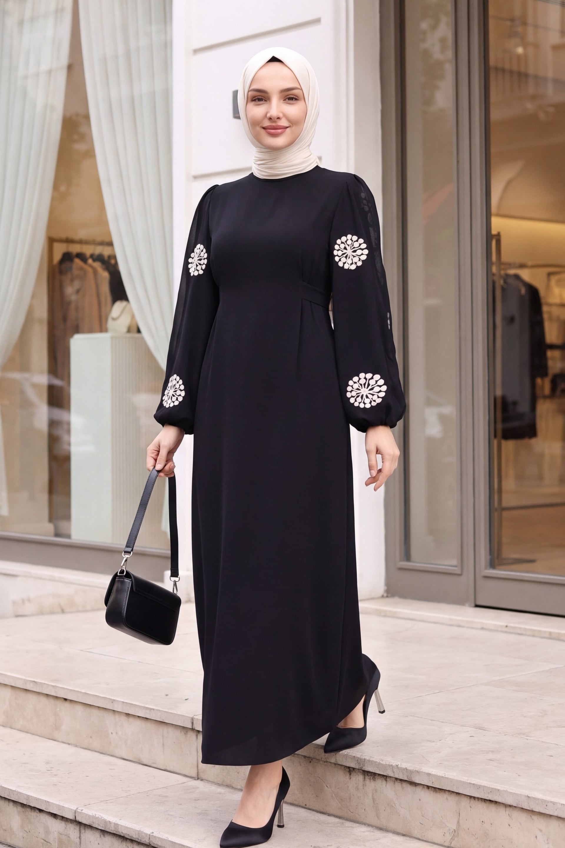 Black Modest Dress with Embroidered Sleeves - Podyumplus - by Peralane