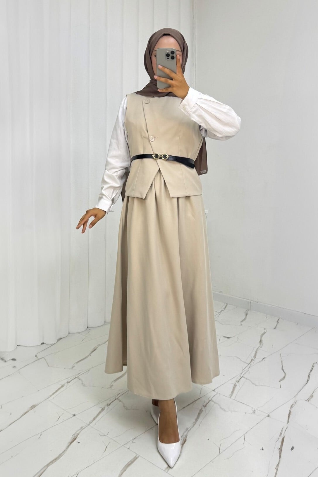 Cross-Button Belted Vest and Skirt Co-ord Set - Beige - Podyumplus - by Peralane - photo 3