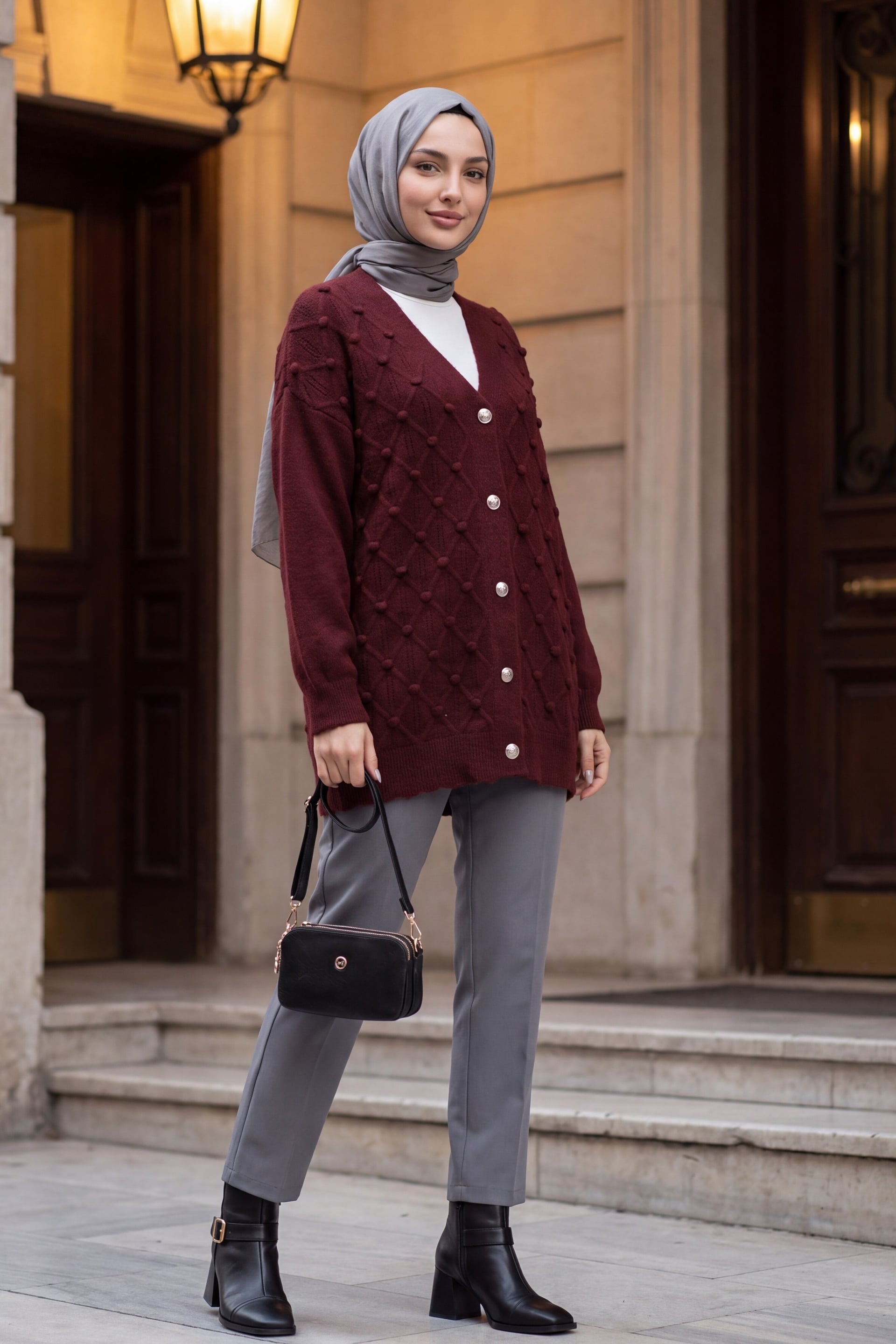 Women's Maroon Knit Cardigan with Raised Bobble Details - Podyumplus - by Peralane - photo 3
