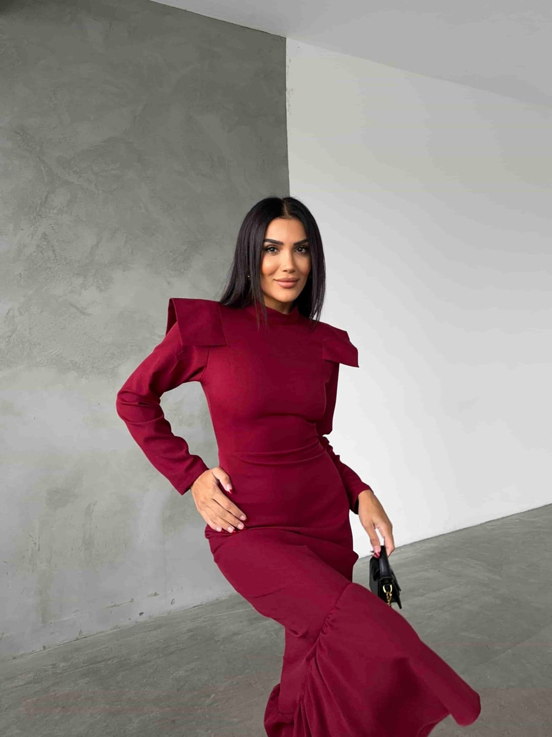 Maroon Long-Sleeve Knit Dress with Ruffled Hem - My Bee - by Peralane - photo 2