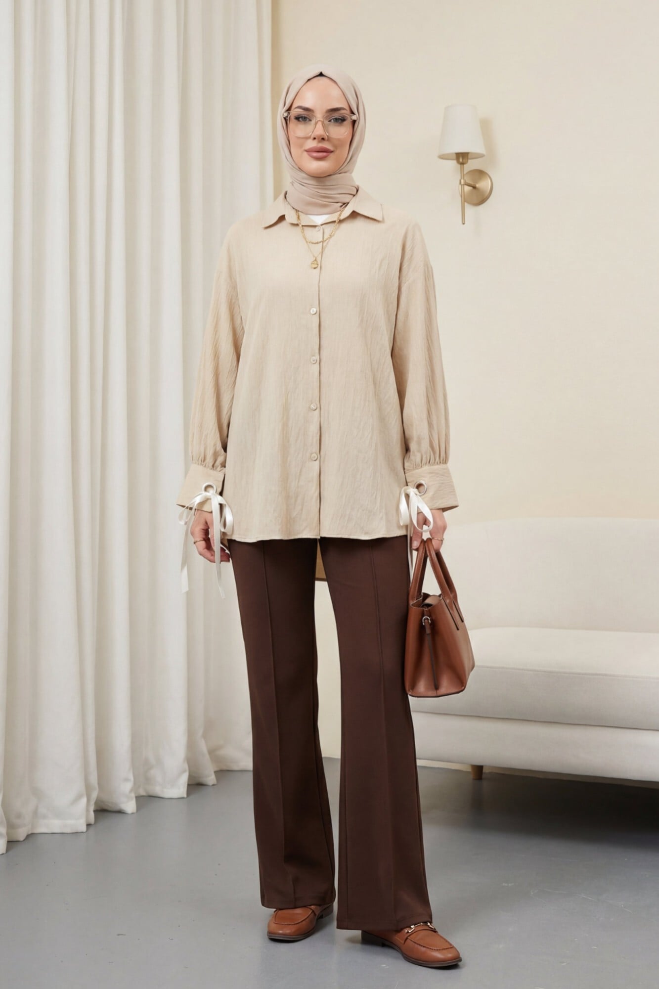 Women's Lace-Up Sleeve Striped Strawberry Shirt - Beige - Podyumplus - by Peralane - photo 3