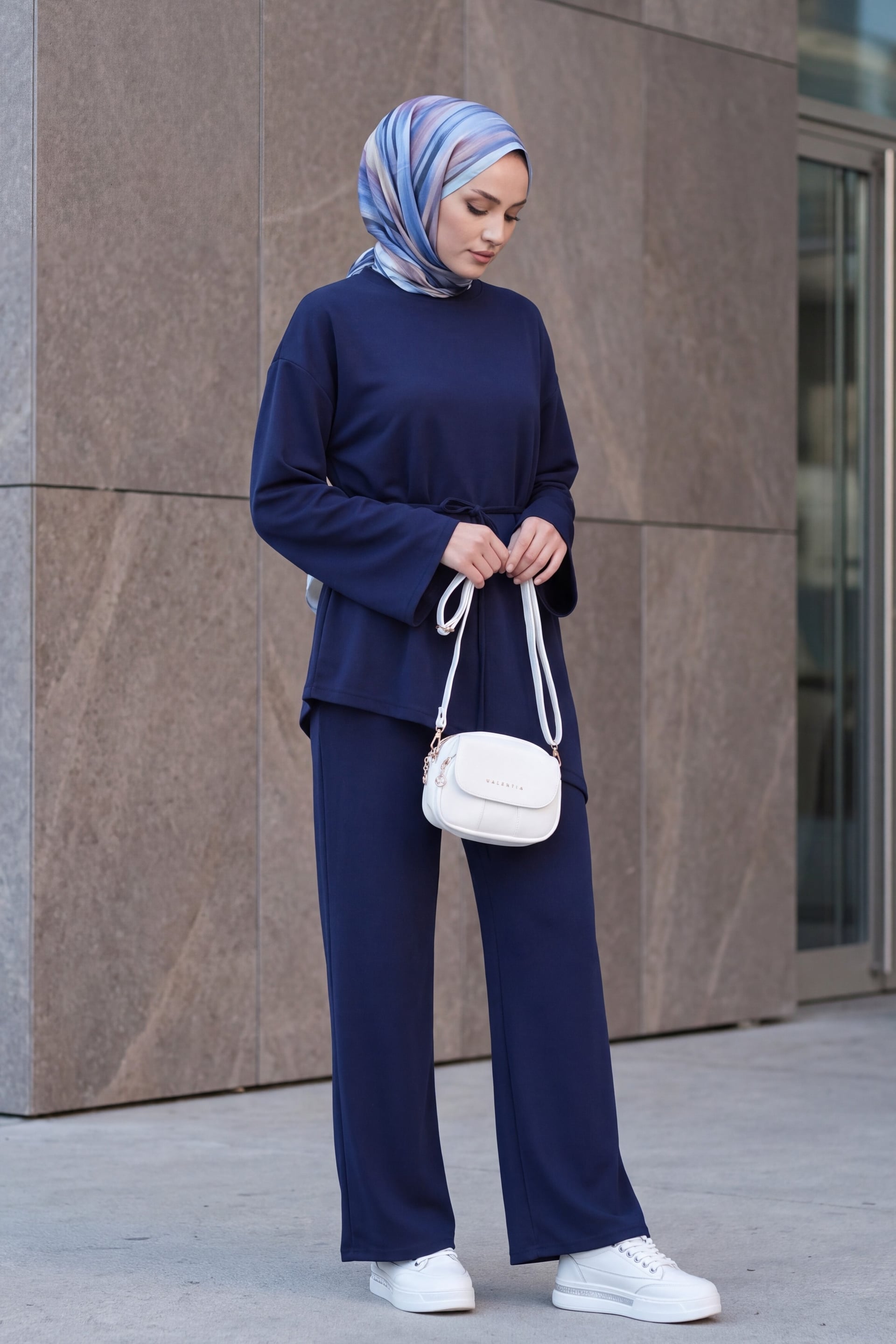 Asymmetric Cut Belted Oversize Jersey Co-ord Set with Trousers - Navy - Podyumplus - by Peralane - photo 4