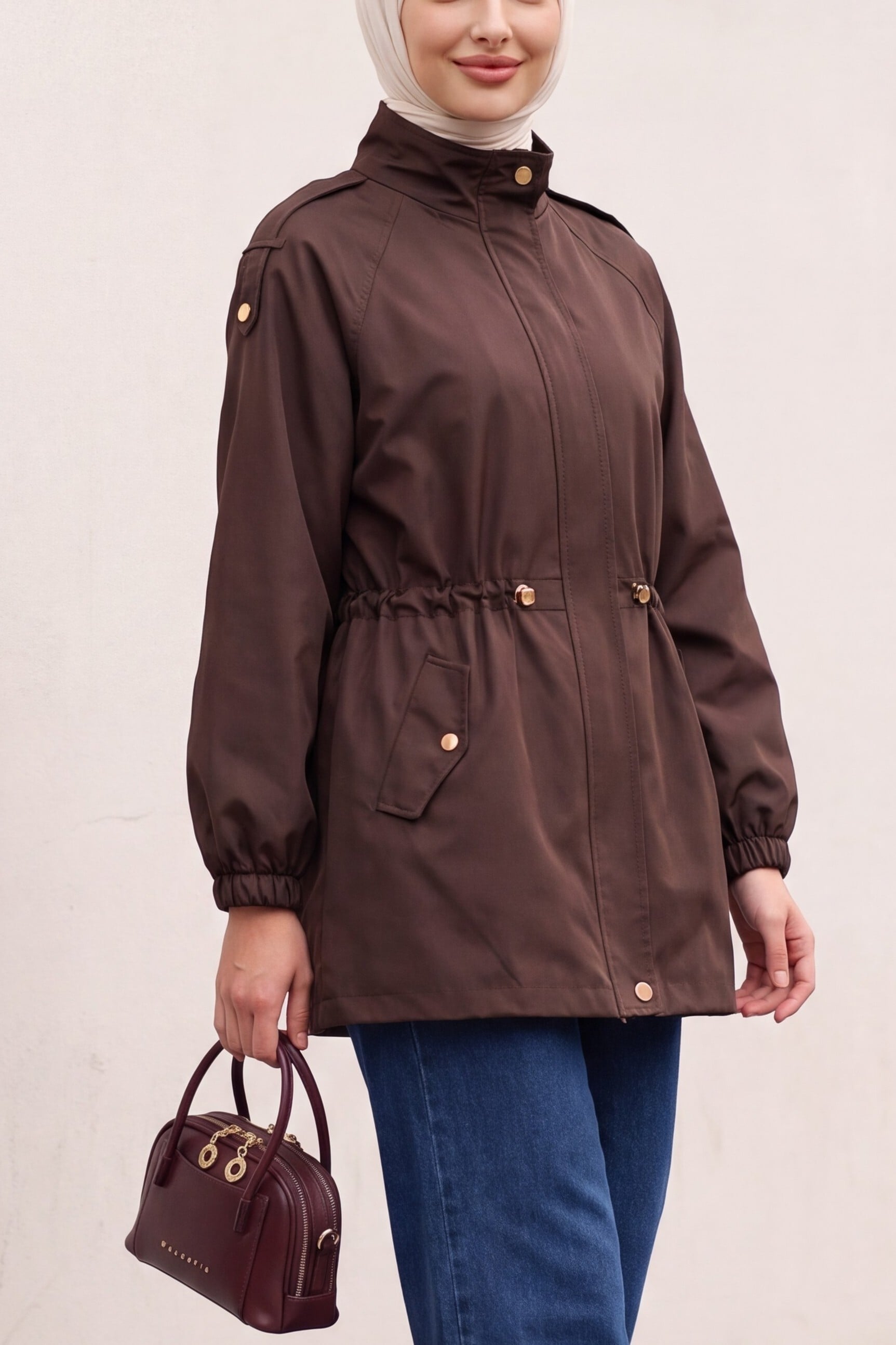 Women's Brown Drawstring Waist Jacket 10322 - Bigdart - by Peralane