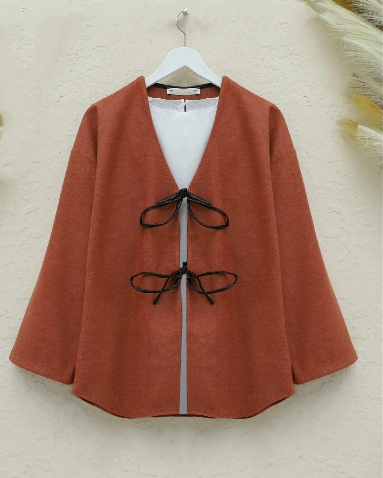 Rust Colored Tie-Front Oval Cut Cardigan Kimono - Podyumplus - by Peralane - photo 2