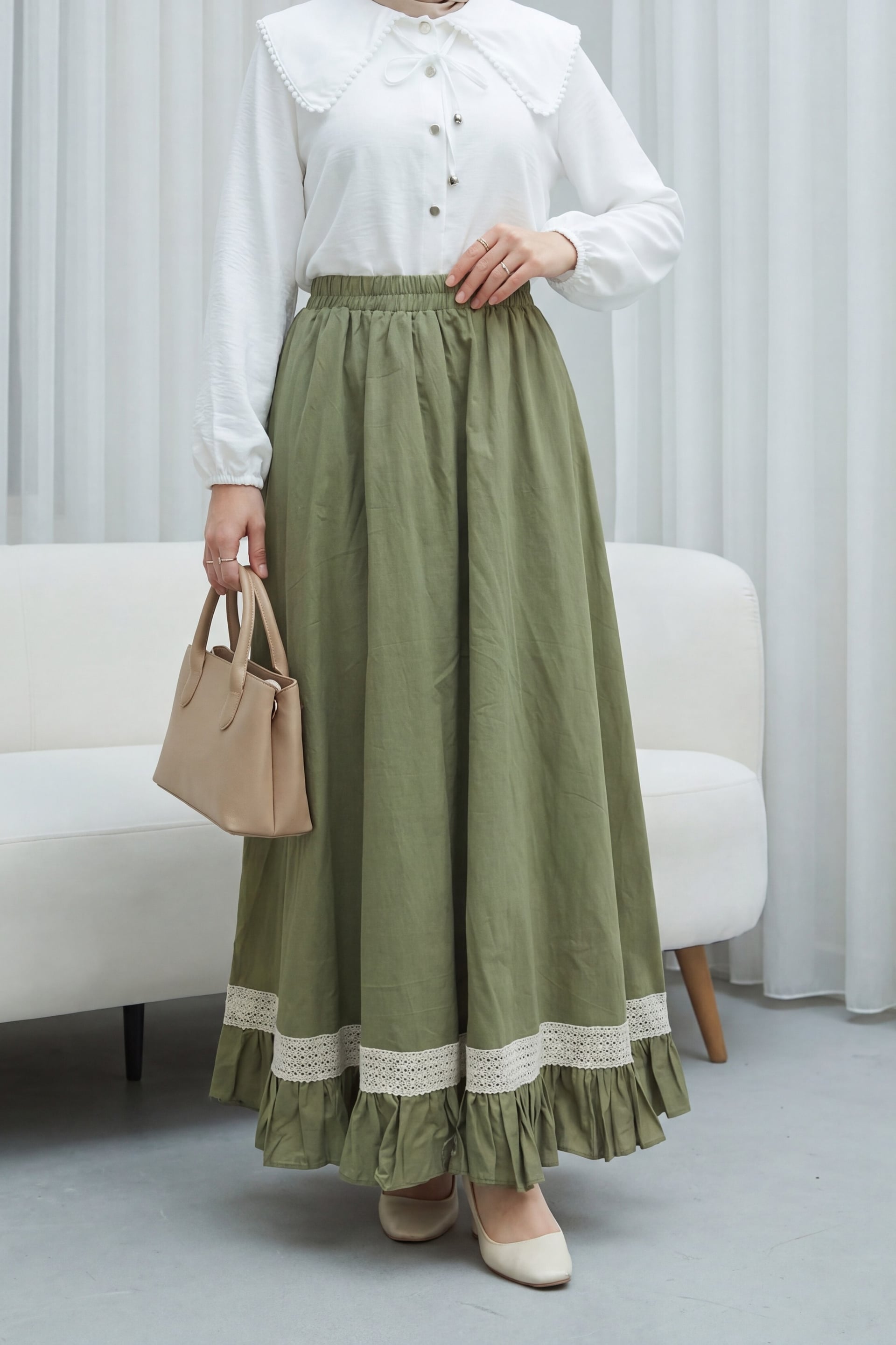Elasticated Waist Lace Trim Ruffled Voile Skirt - Olive Green - Podyumplus - by Peralane