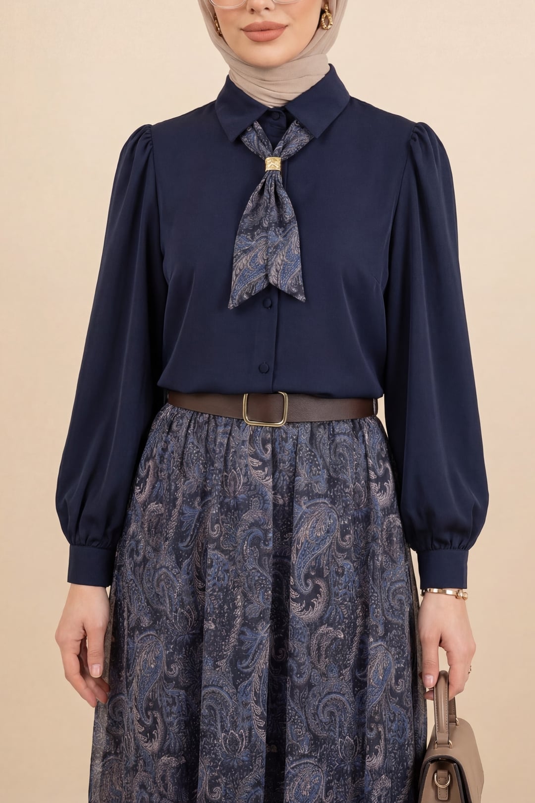 Navy Blue Ethnic Paisley Print Two-Piece Blouse and Skirt Set - Podyumplus - by Peralane - photo 2