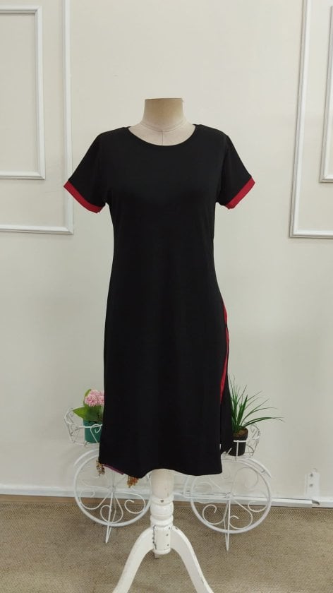 Women's Short-Sleeve Crew Neck Side Slit Modal Midi Dress with Striped Detail - Janes - by Peralane - photo 7