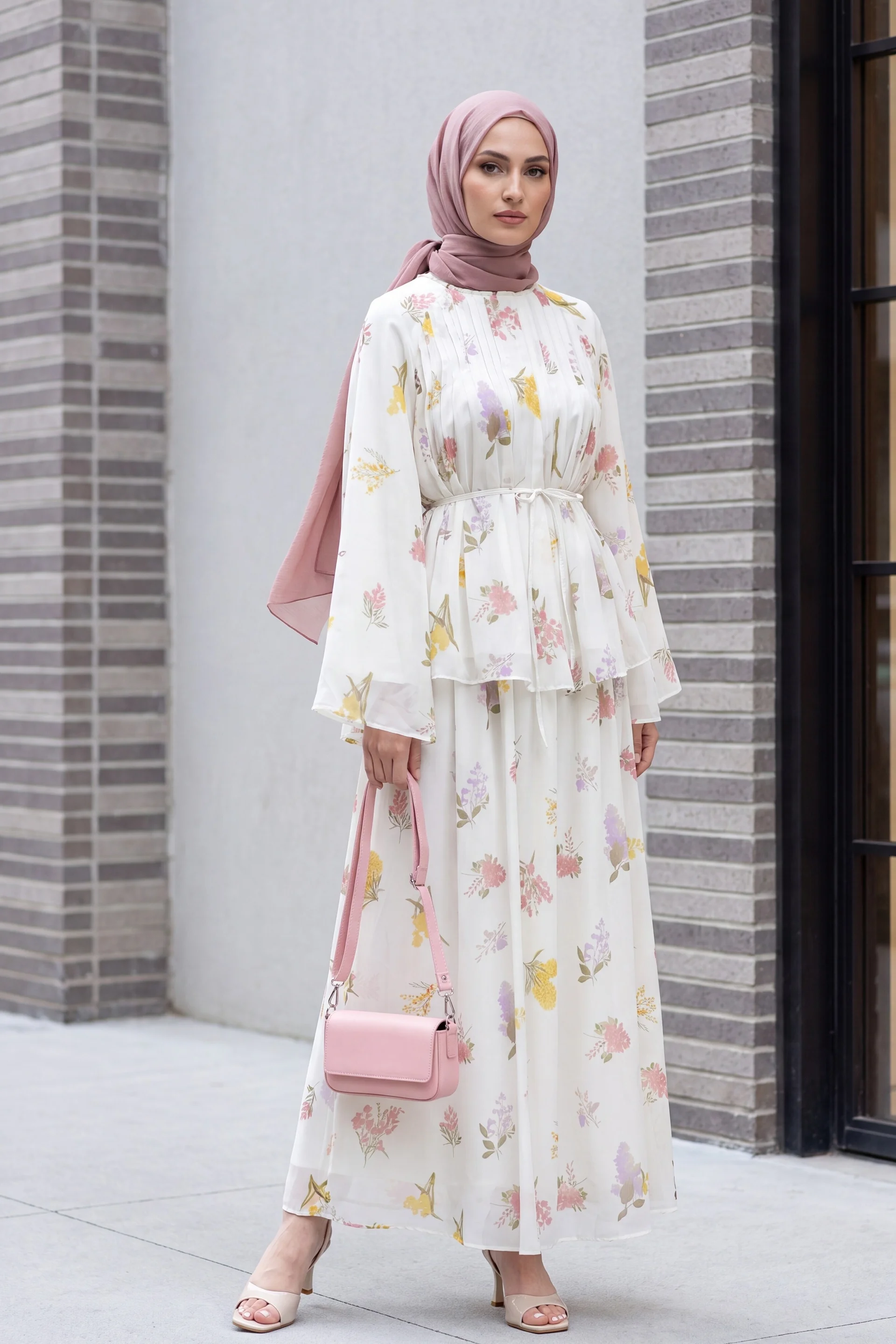 Ecru Floral Print Lined Tie Belt Chiffon Two-Piece Set with Skirt - Podyumplus - by Peralane - photo 5
