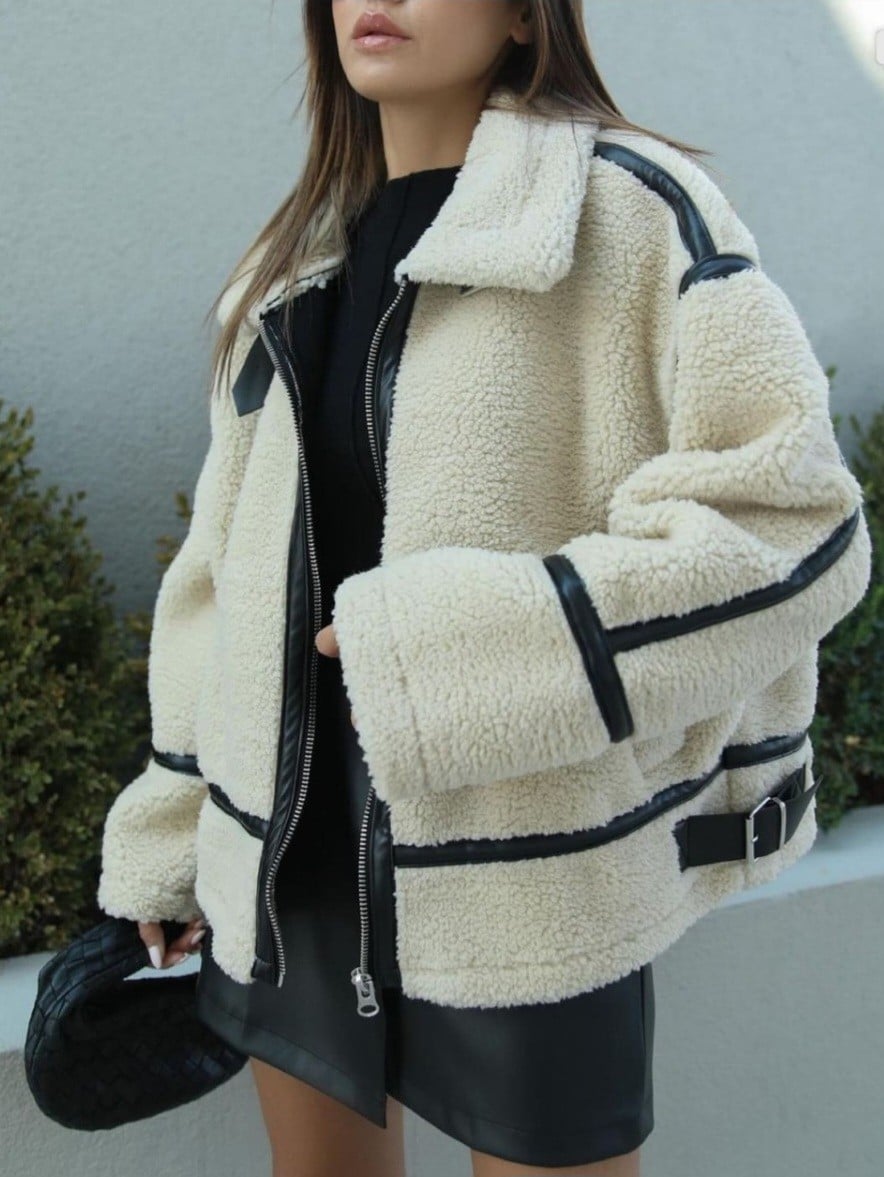 Cream Faux Fur Zip-Up Jacket with Black Trim - Women's - Podyumplus - by Peralane - photo 2