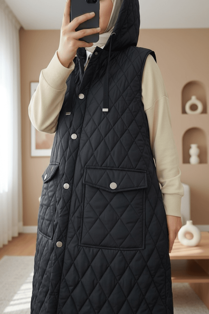 Quilted Vest with Flap Pockets - Black - Podyumplus - by Peralane