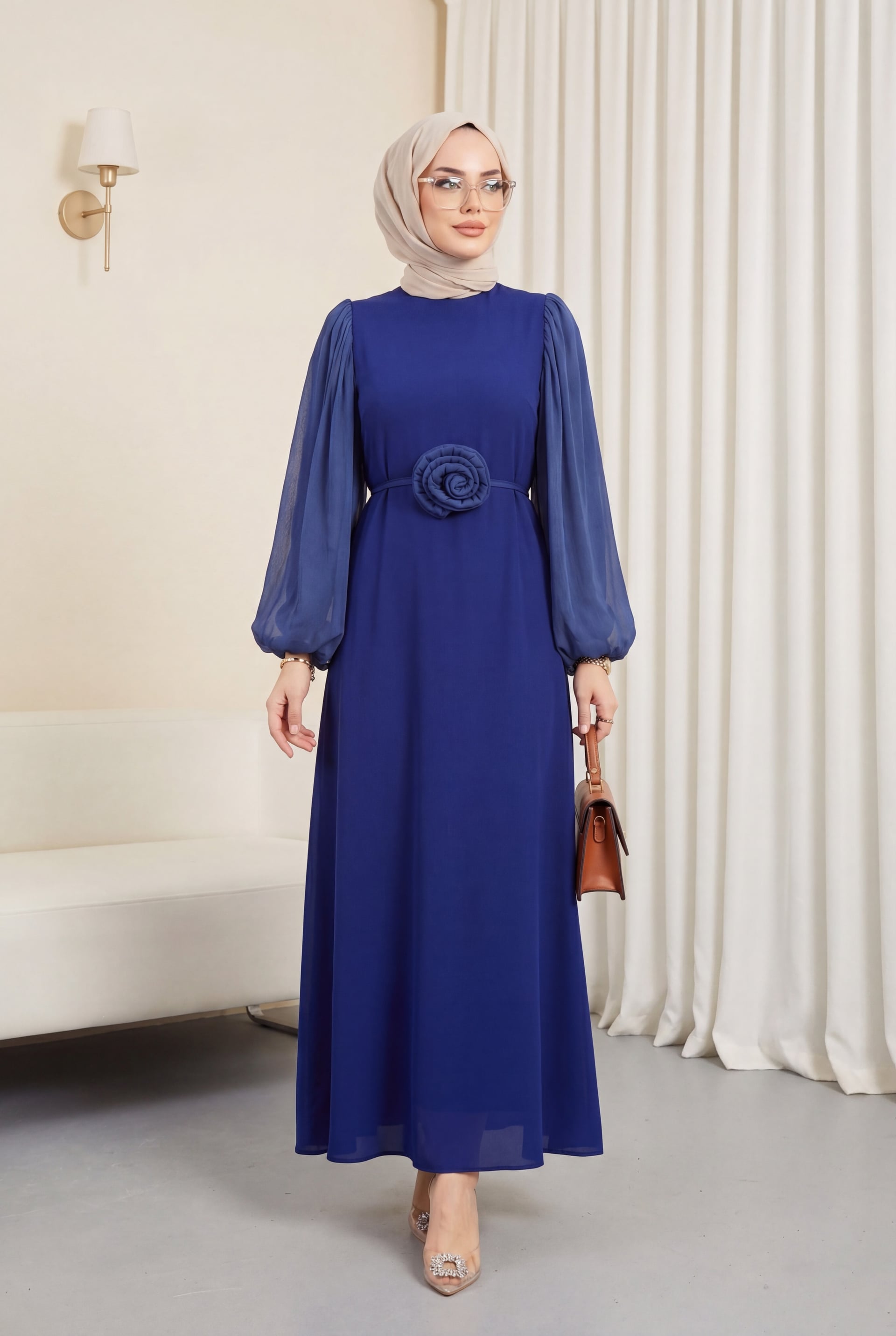 Long Balloon Sleeve Dress with Floral Belt - Navy Blue - Podyumplus - by Peralane