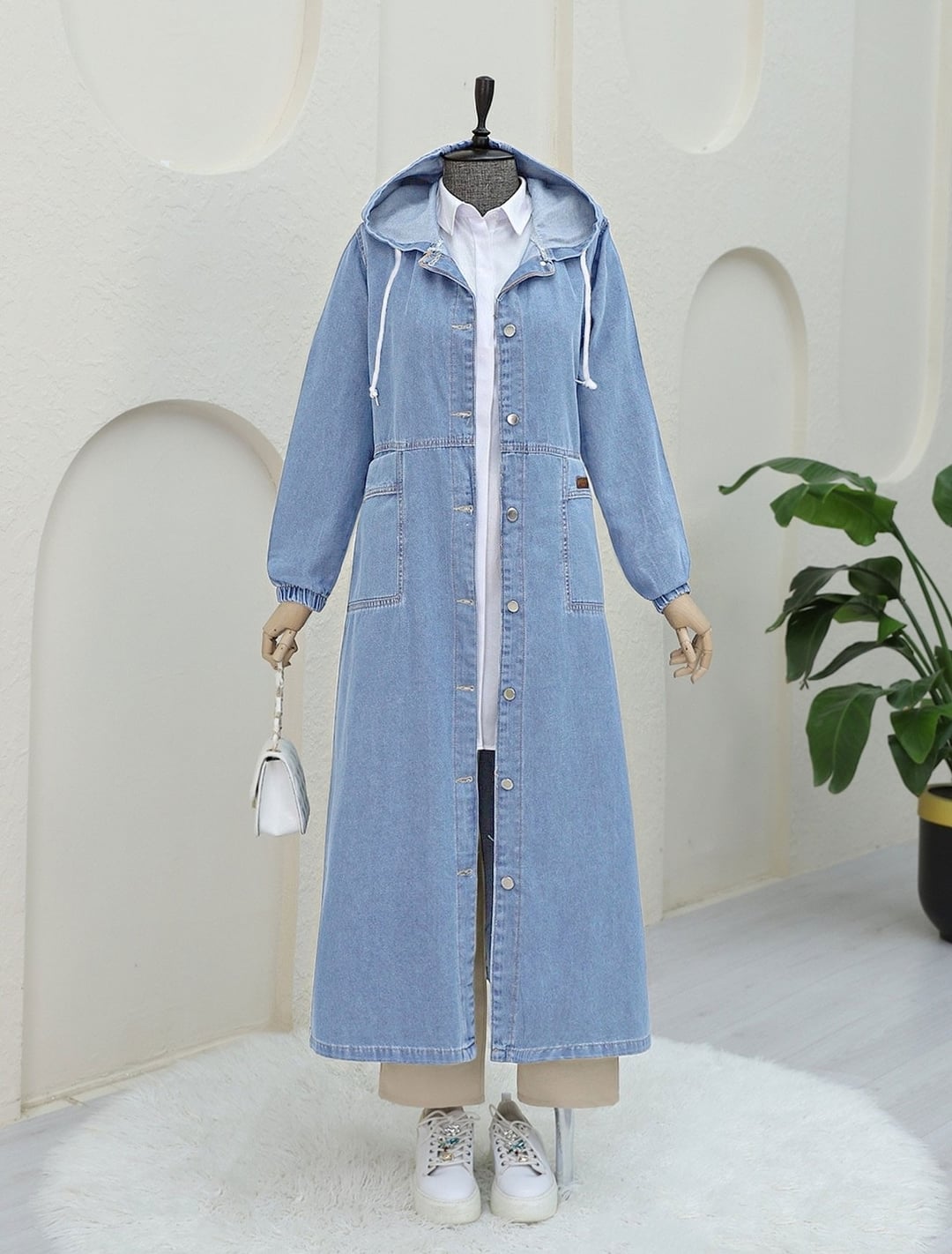 Long Denim Jacket with Hood and Fold Pockets - Light Blue - Podyumplus - by Peralane