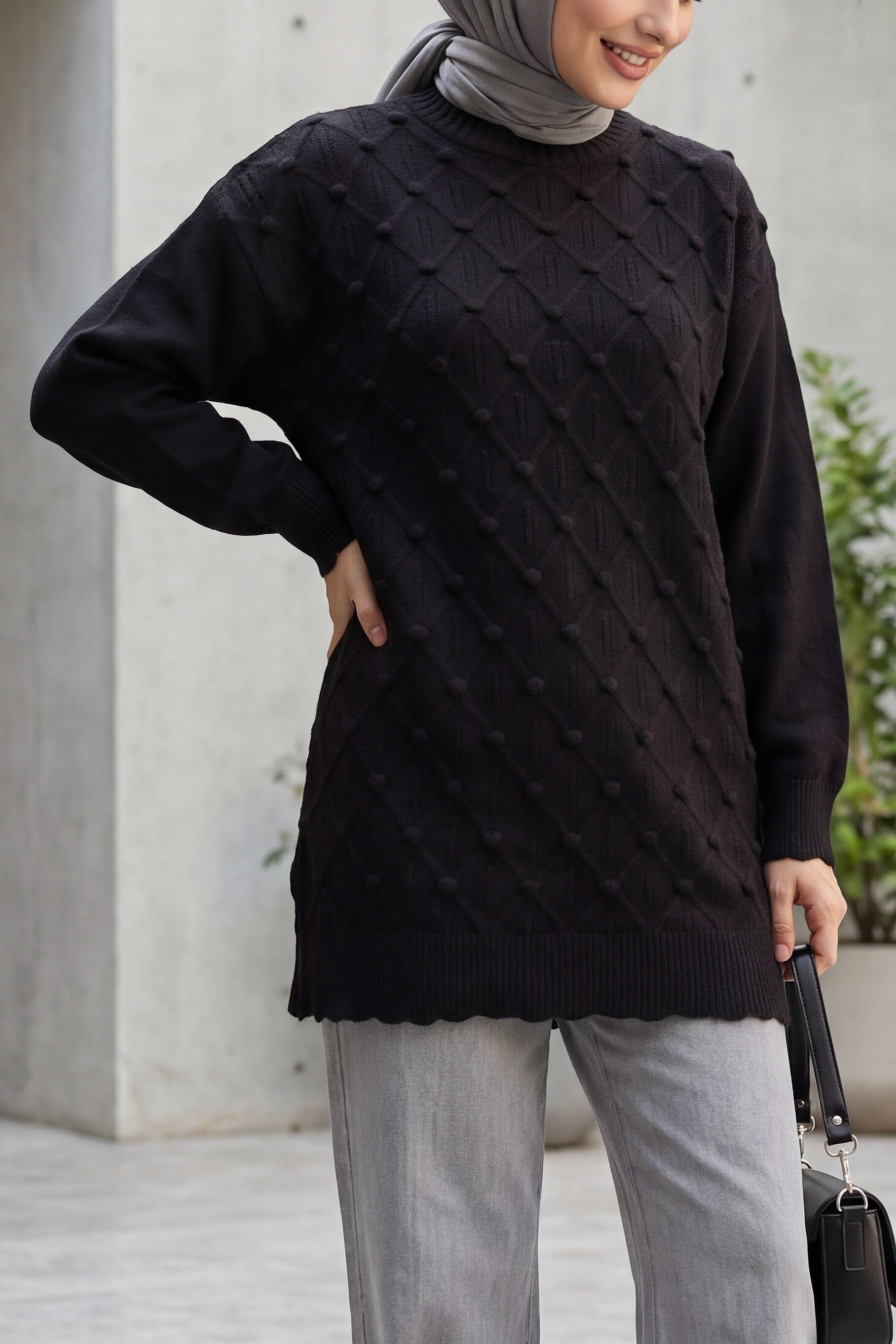 Black Plaid Poncho Tunic with Pom Poms - Podyumplus - by Peralane