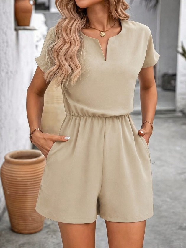 Women's Short-Sleeve V-Neck Elasticated Waist Crepe Romper - Janes - by Peralane - photo 2