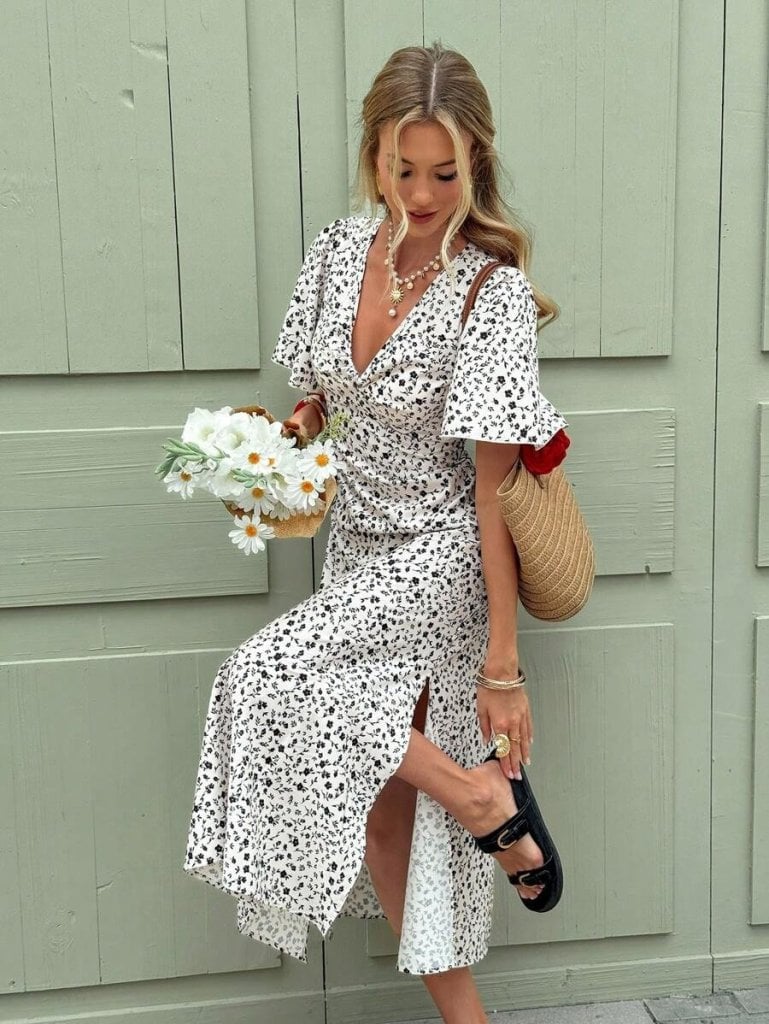 Women's White Floral Print Midi Dress with V-Neck and Side Slit - Janes - by Peralane - photo 4