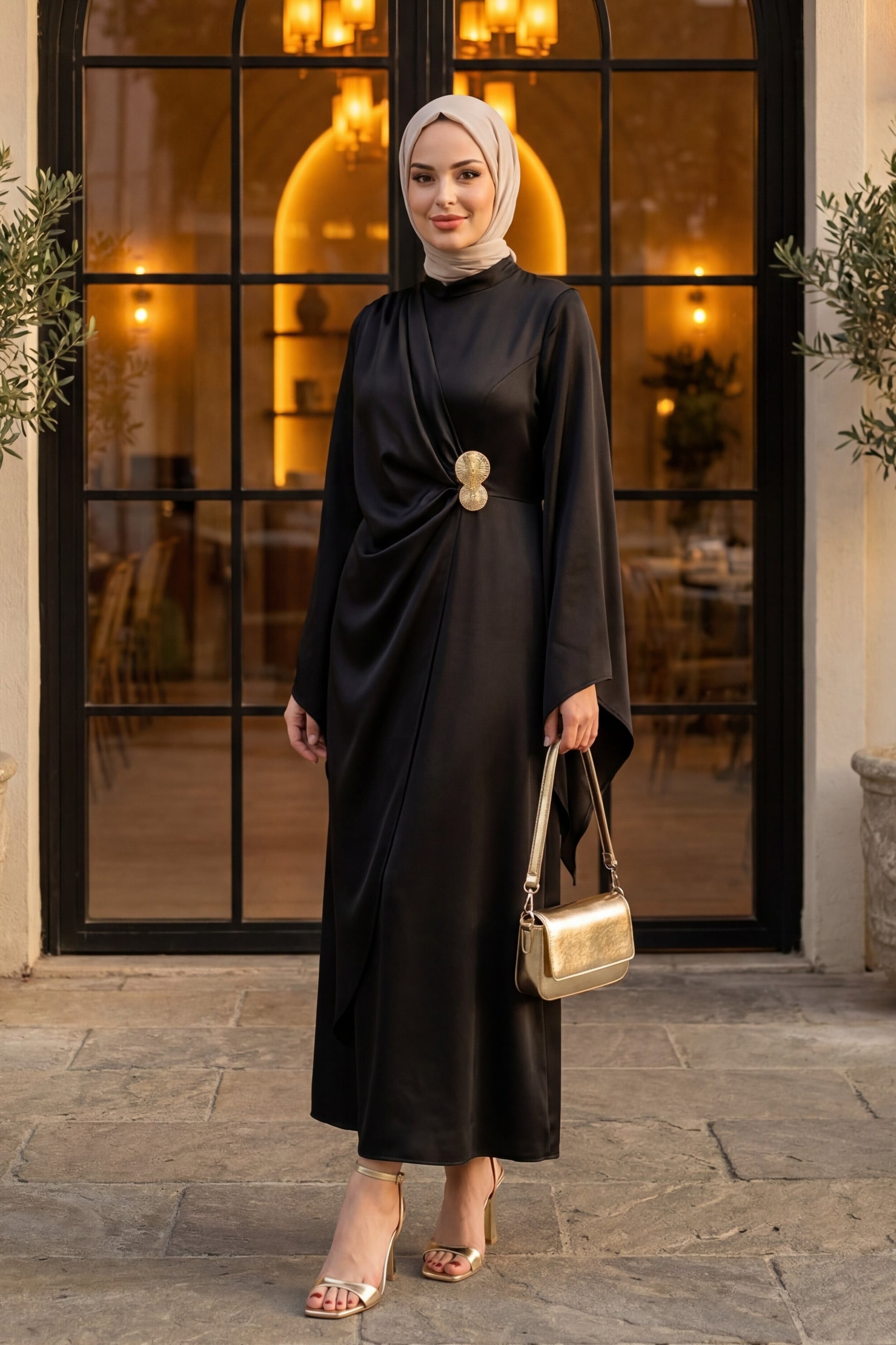 Black Double-Layer Front Asymmetric Sleeve Satin Evening Dress with Buckle Detail - Podyumplus - by Peralane - photo 2