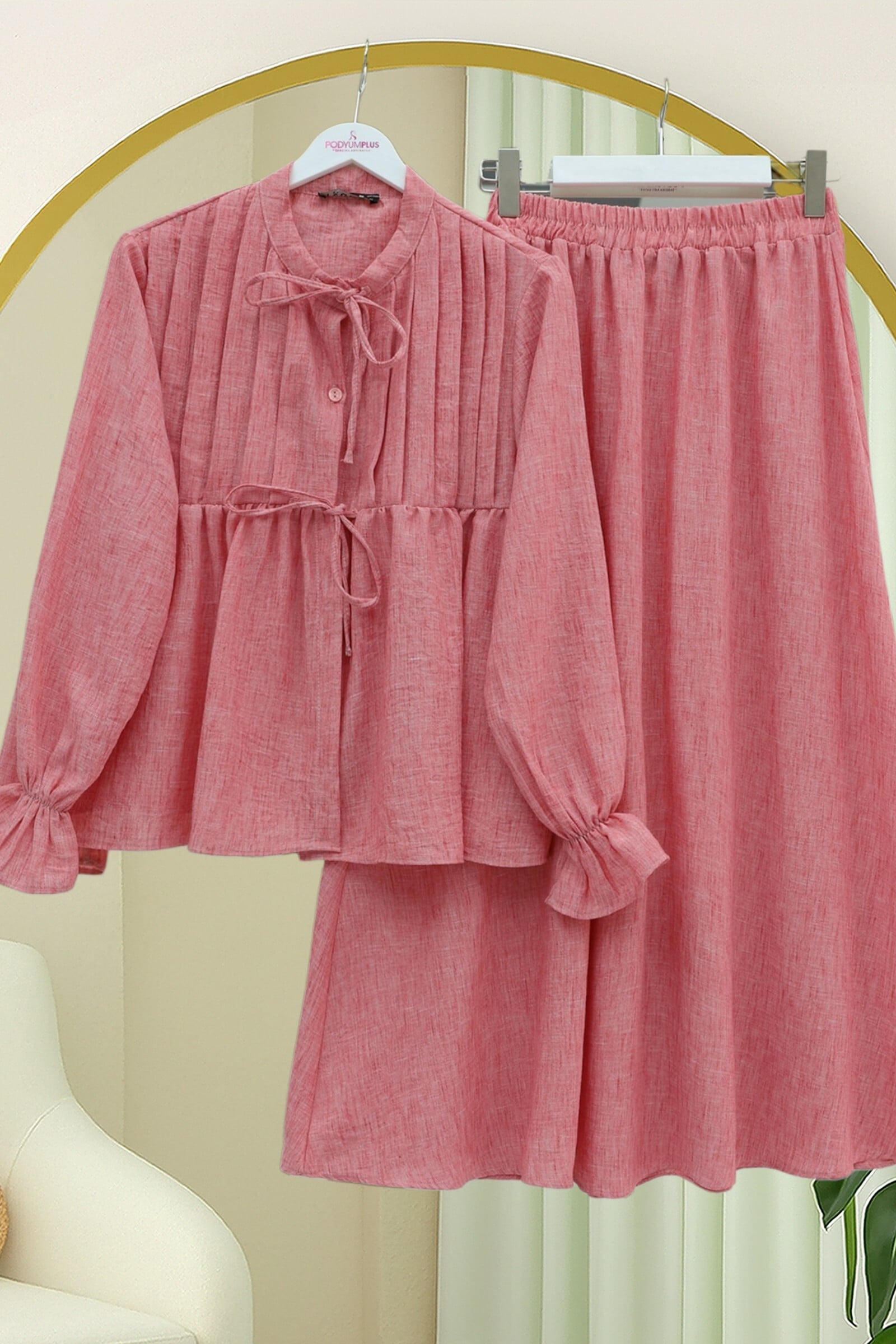 Half Button Tie Front Linen Look Two Piece Modest Set with Skirt - Pomegranate - Podyumplus - by Peralane - photo 7