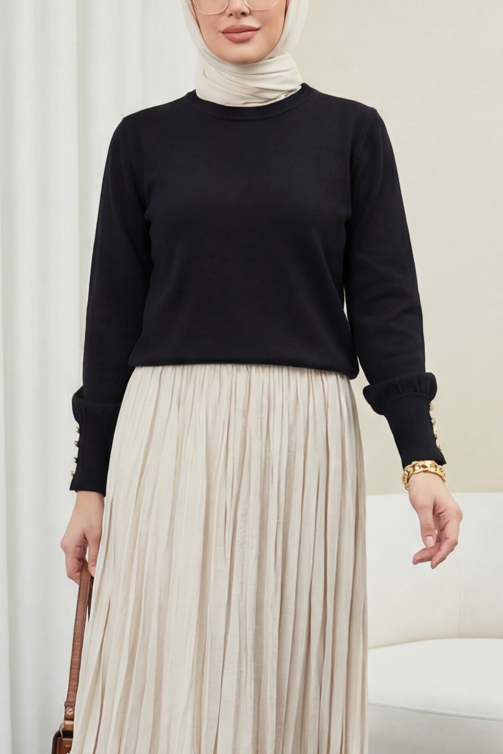 Round Neck Knit Tunic with Button Cuffs - Black - Podyumplus - by Peralane