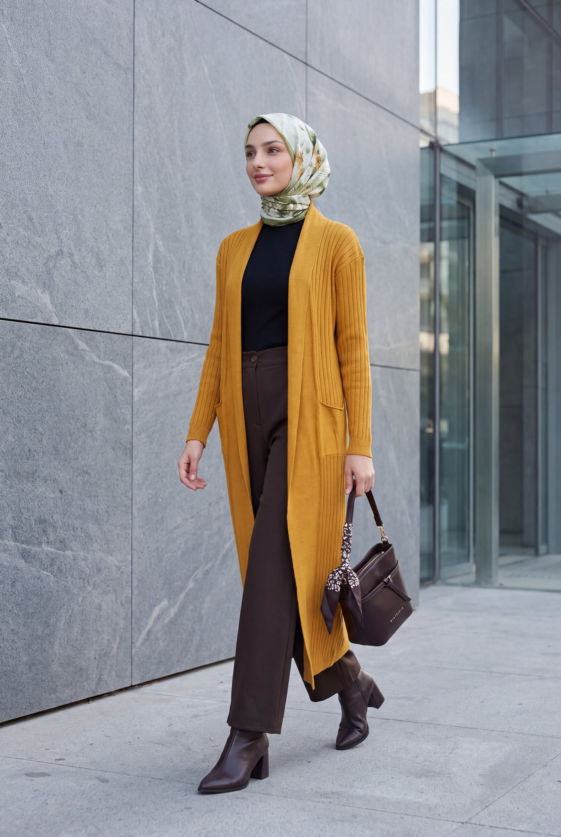 Long Mustard Yellow Ribbed Knit Cardigan with Tie Belt - Wholeskop - by Peralane - photo 3