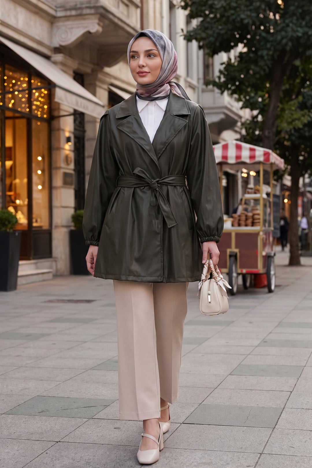 Women's Double Pocket Olive Green Faux Leather Belted Jacket - Podyumplus - by Peralane - photo 4