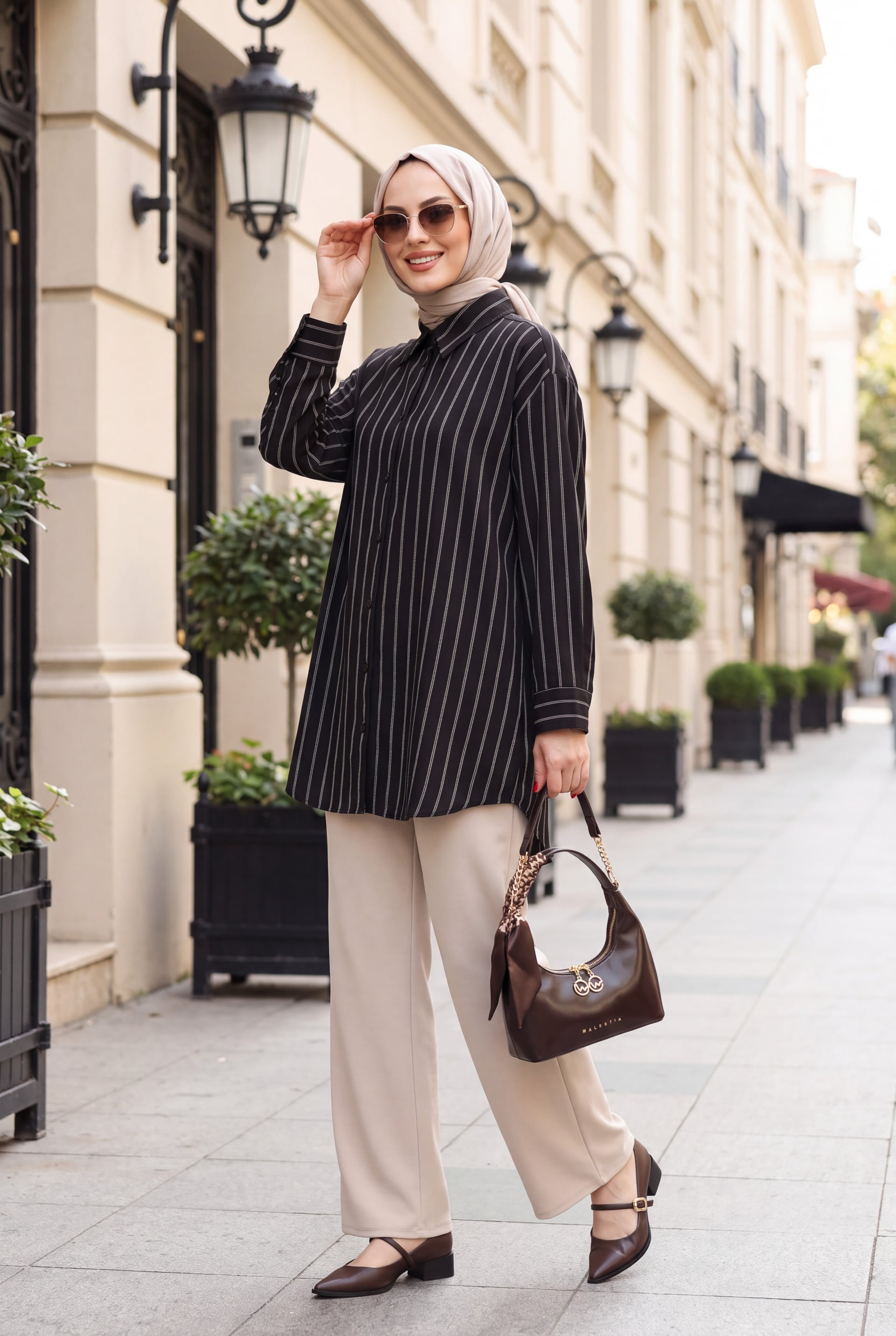 Striped Button Oval Cut Linen Look Shirt - Brown - Podyumplus - by Peralane - photo 2