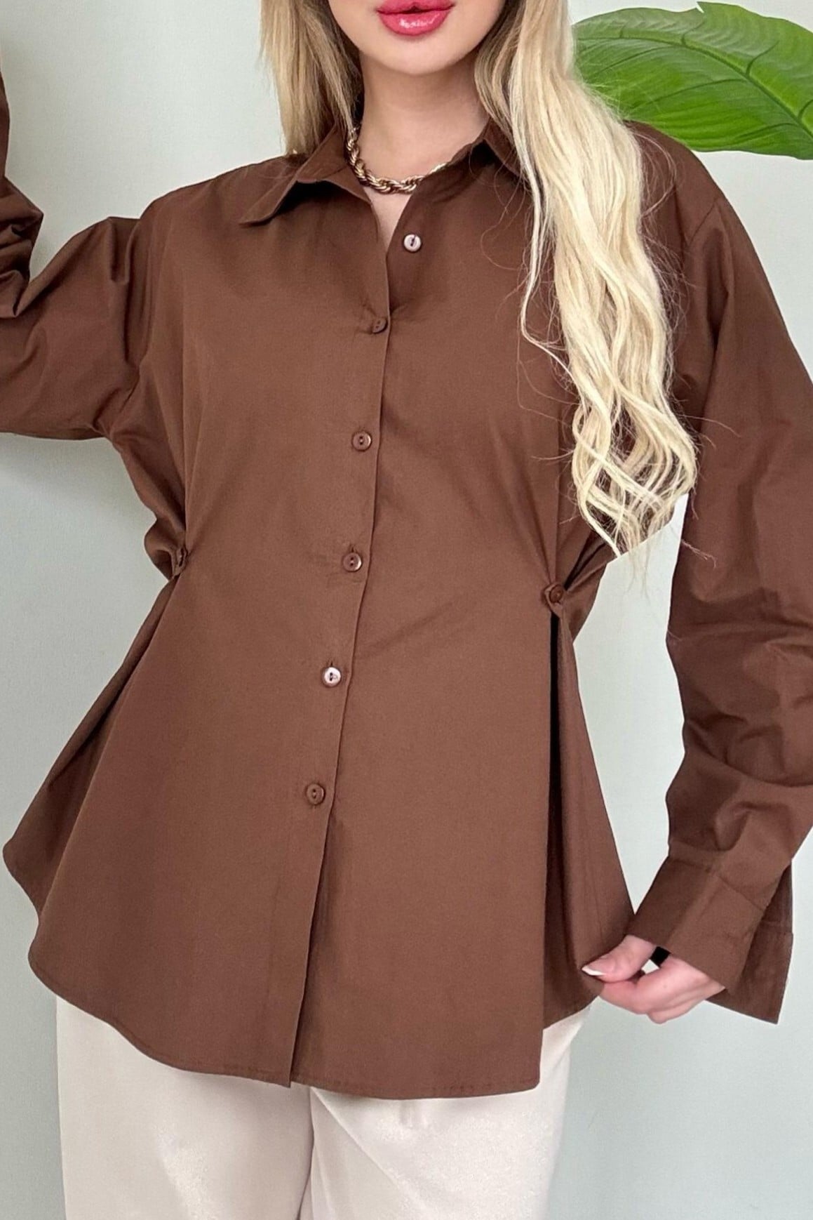 Side Button Detail Poplin Shirt - Dark Brown - Podyumplus - by Peralane