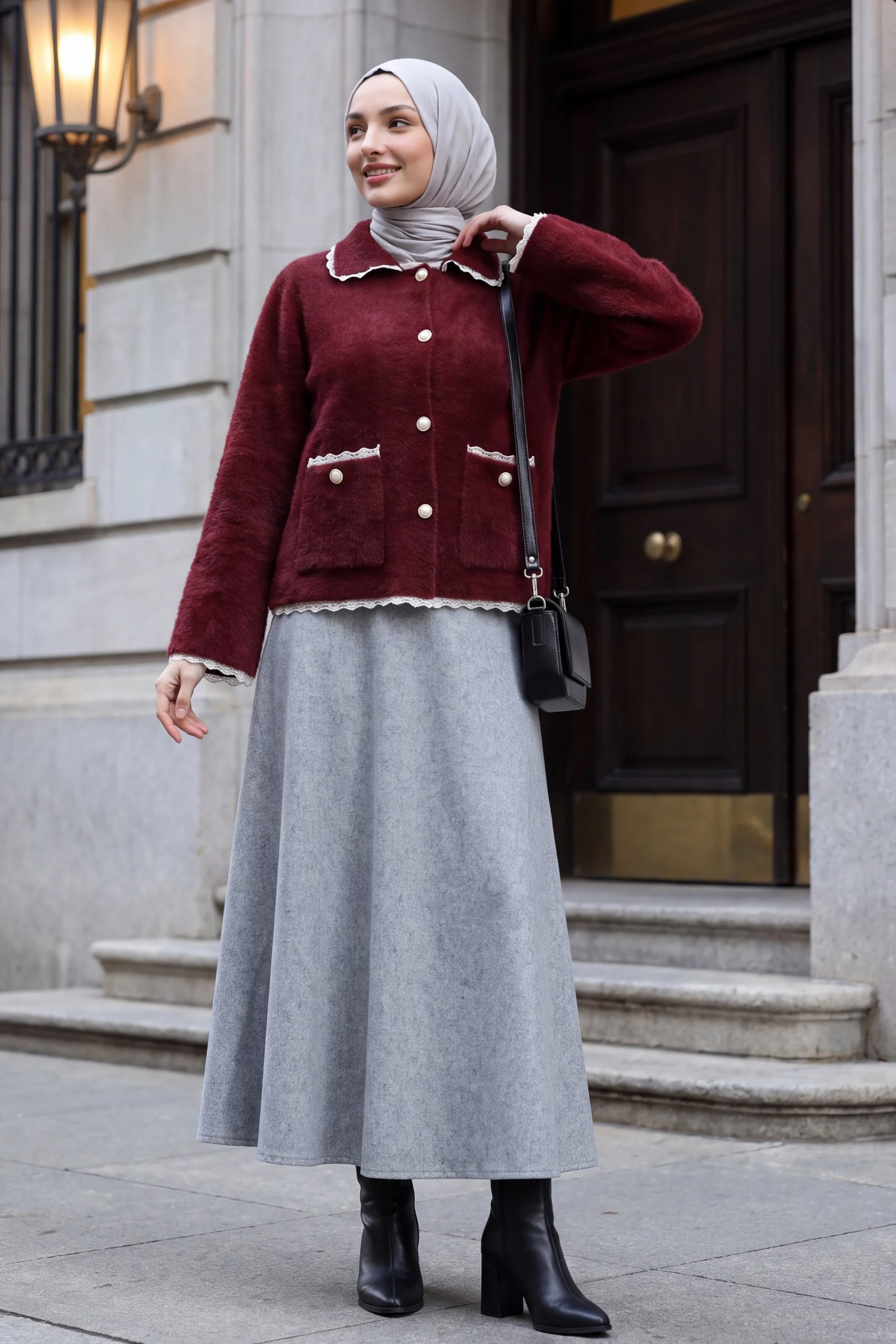 Burgundy Lace Trim Pearl Button Cardigan - Podyumplus - by Peralane - photo 5