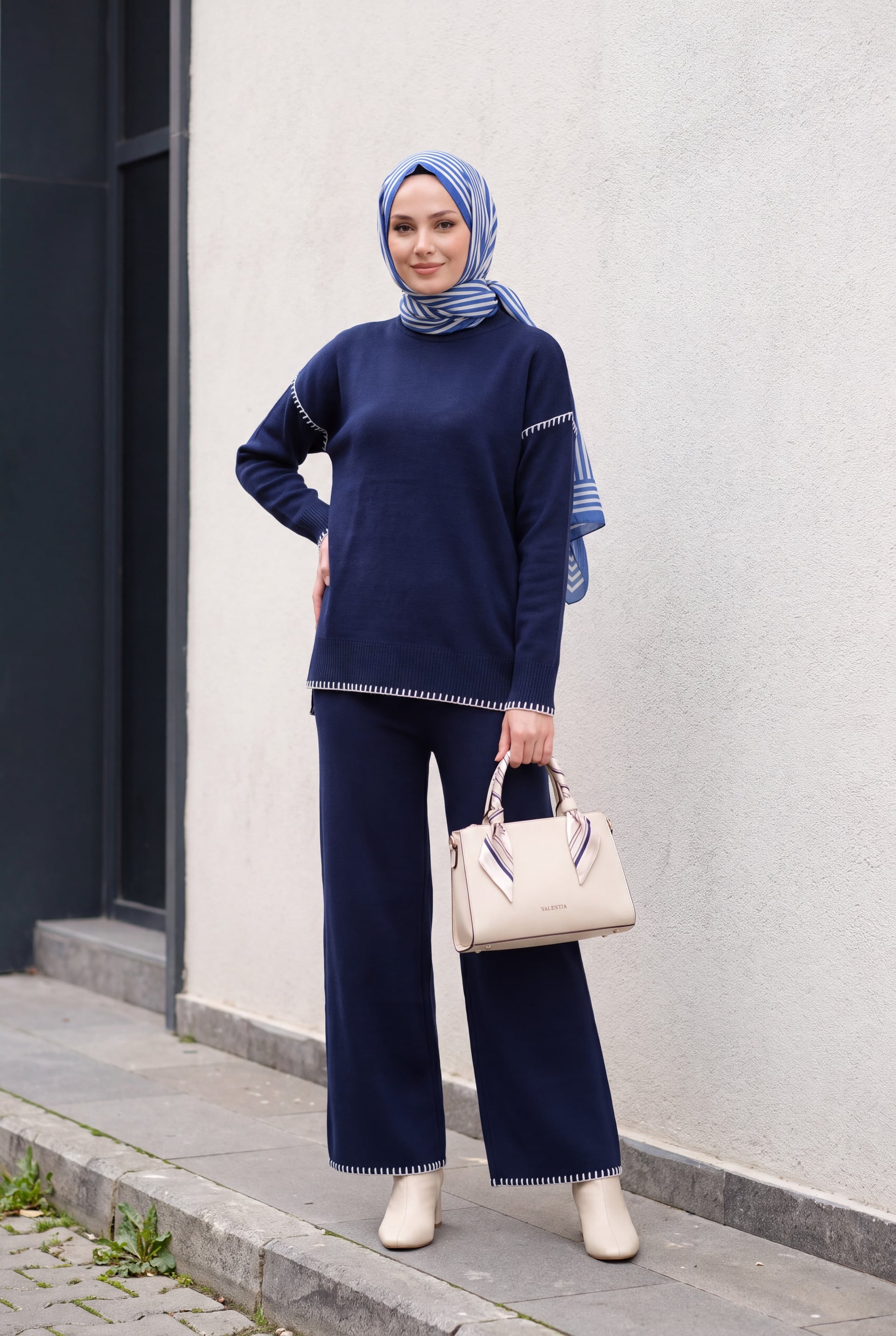 Navy Blue Ribbed Trim Knit Sweater and Wide-Leg Trousers Set - Podyumplus - by Peralane - photo 5