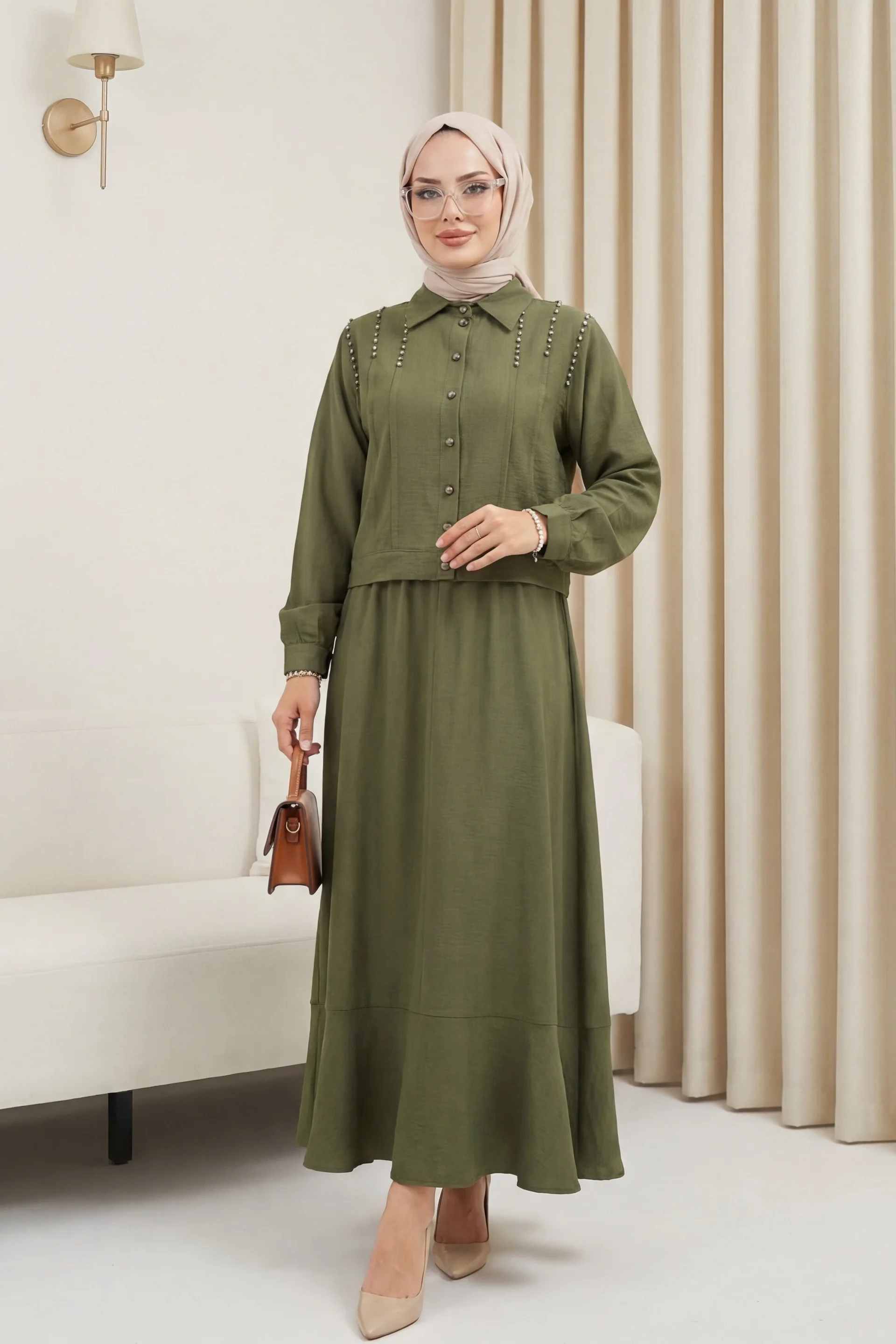 Stone-Embellished Collared Jacket and Skirt Co-ord Set in Olive Green - Podyumplus - by Peralane