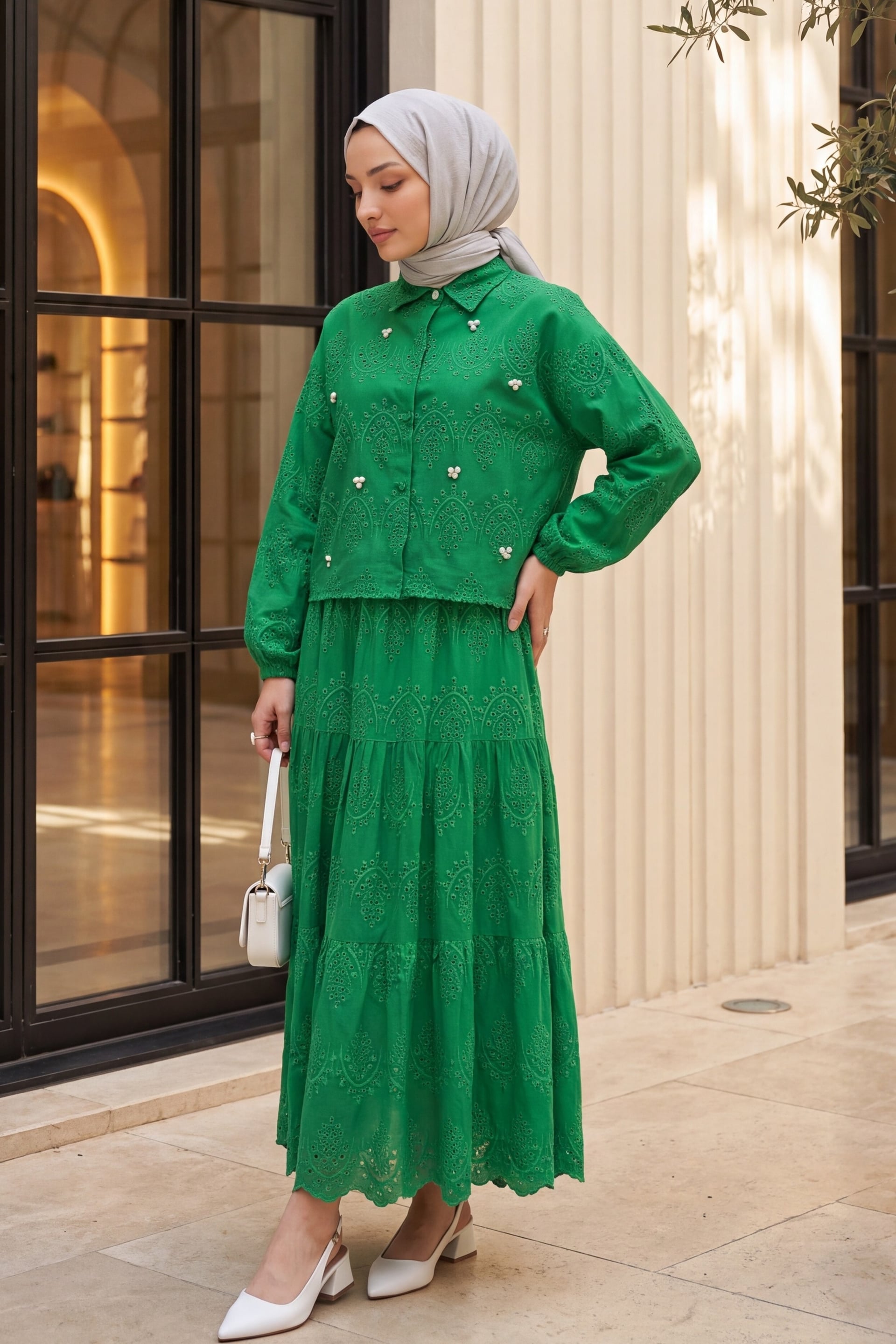 Green Broderie Anglaise Two-Piece Set with Blouse and Midi Skirt - Podyumplus - by Peralane