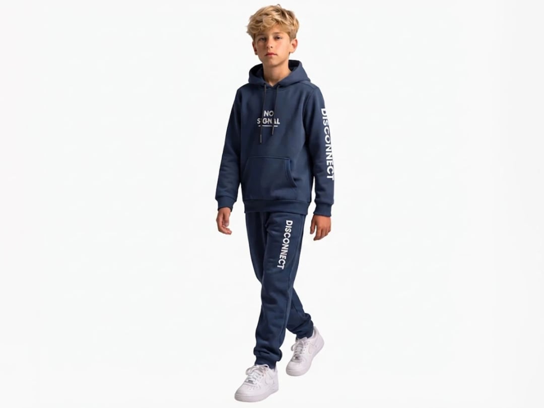 Boys' Hooded Tracksuit Set with No Signal Print - Navy - Koska - by Peralane