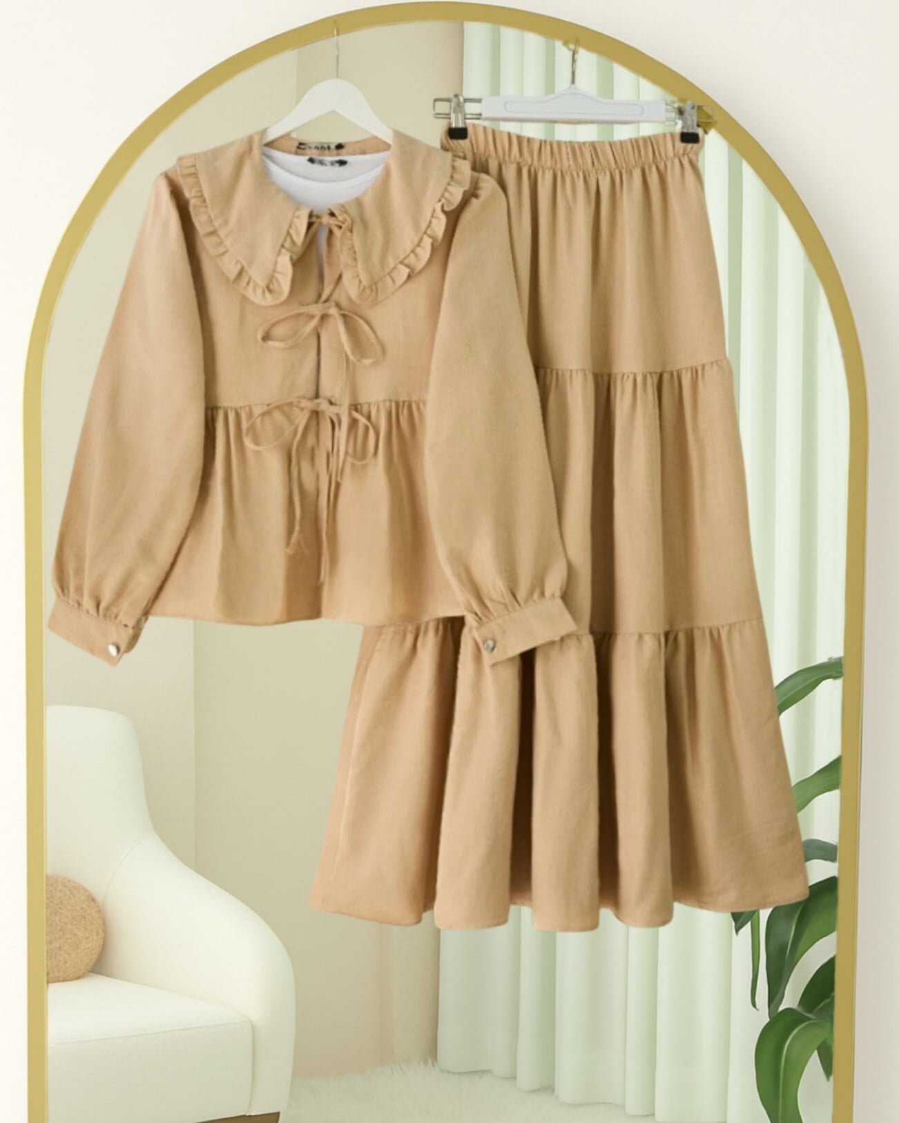 Beige Tiered Ruffle Collar Tie-Front Two-Piece Set for Women - Podyumplus - by Peralane - photo 3