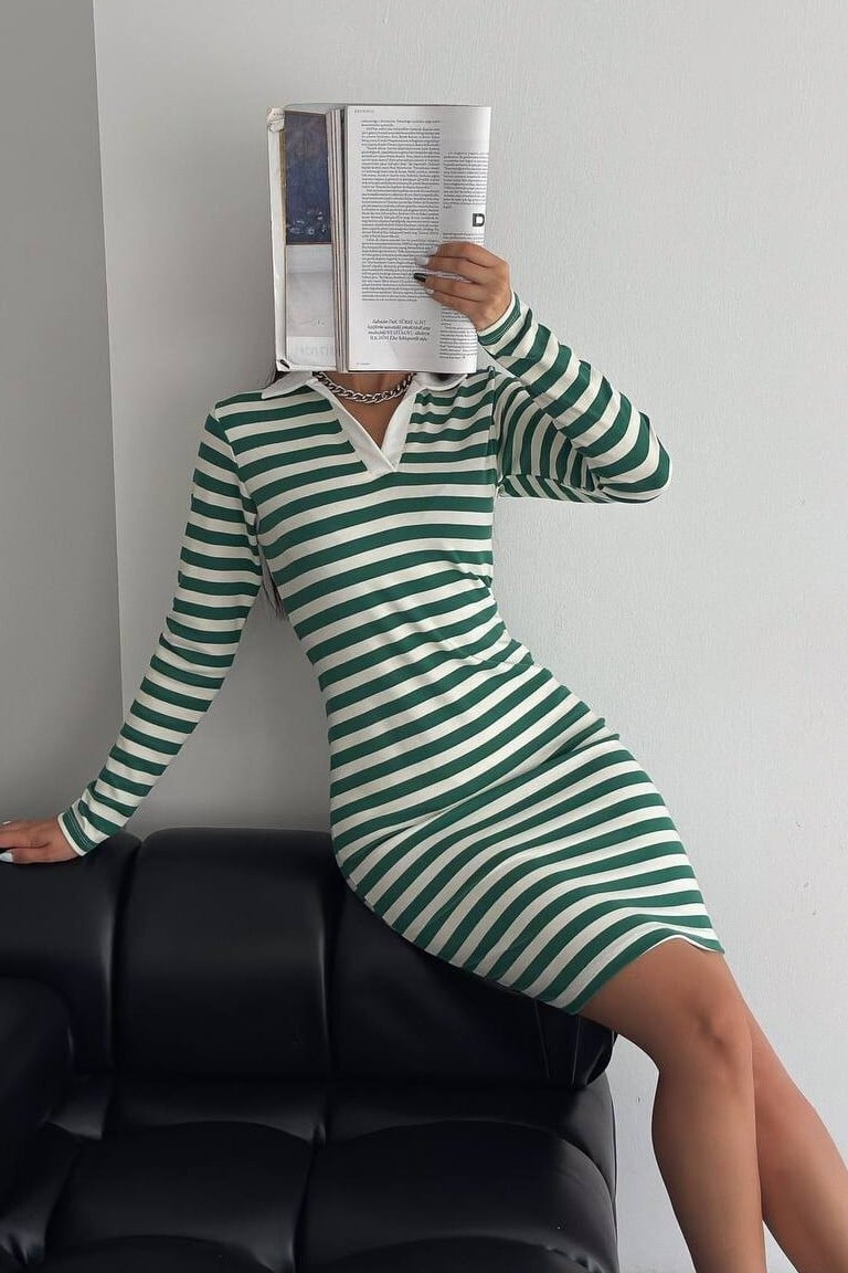 Striped Long Sleeve Dress with Collar - Green - Podyumplus - by Peralane - photo 3