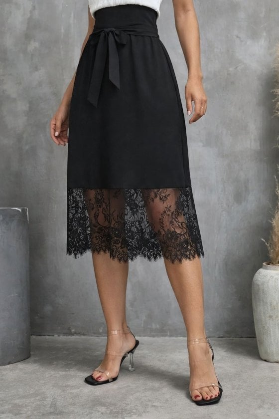 Women's Black Lace Midi Skirt with High Waist and Self-Tie Belt - Janes - by Peralane