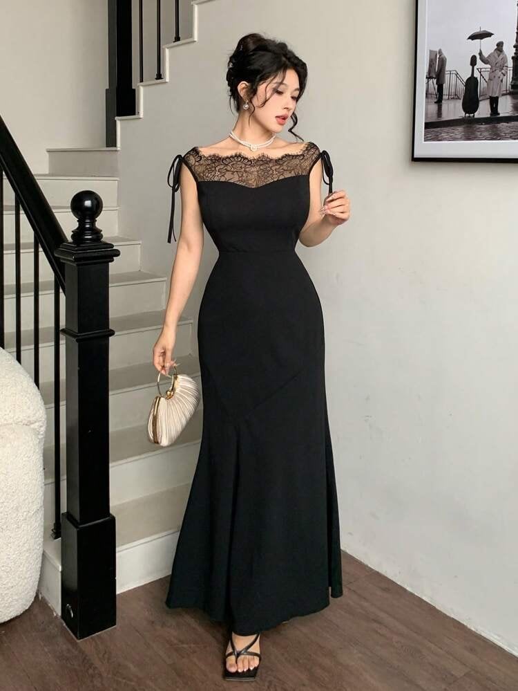 Women's Off-Shoulder Lace Crepe Dress - Janes - by Peralane - photo 2