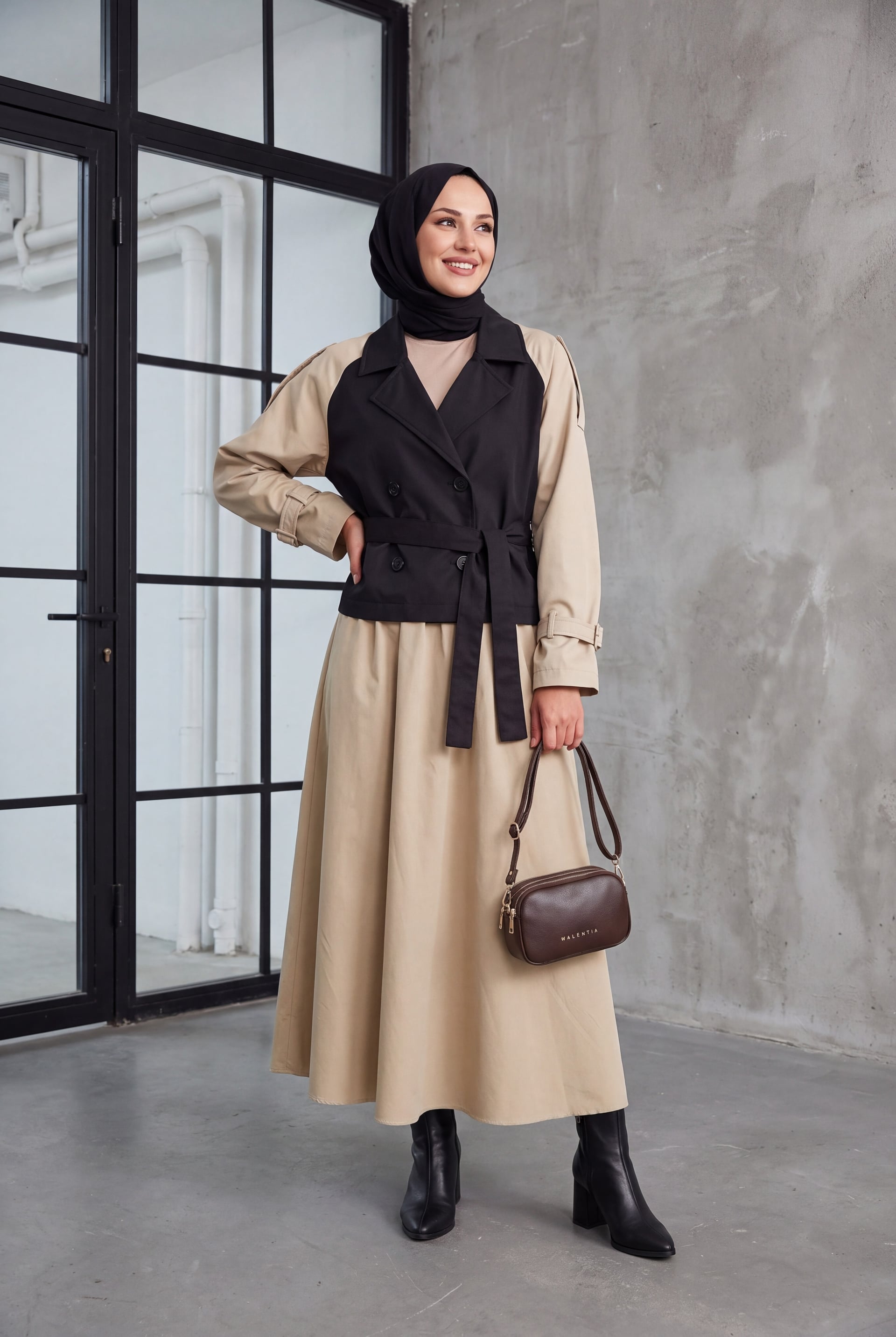 Women's Belted Short Trench Coat 5970 - Black - Beige - Wholeskop - by Peralane