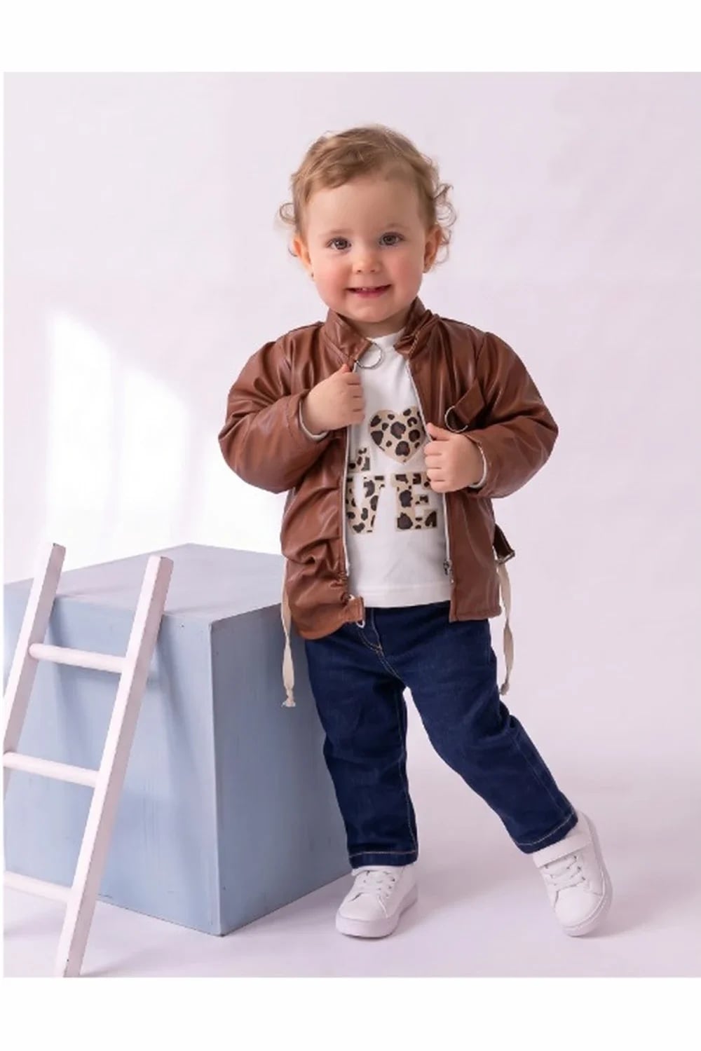 Girls' 3-Piece Set with Faux Leather Jacket - Brown - Has Bereket - by Peralane