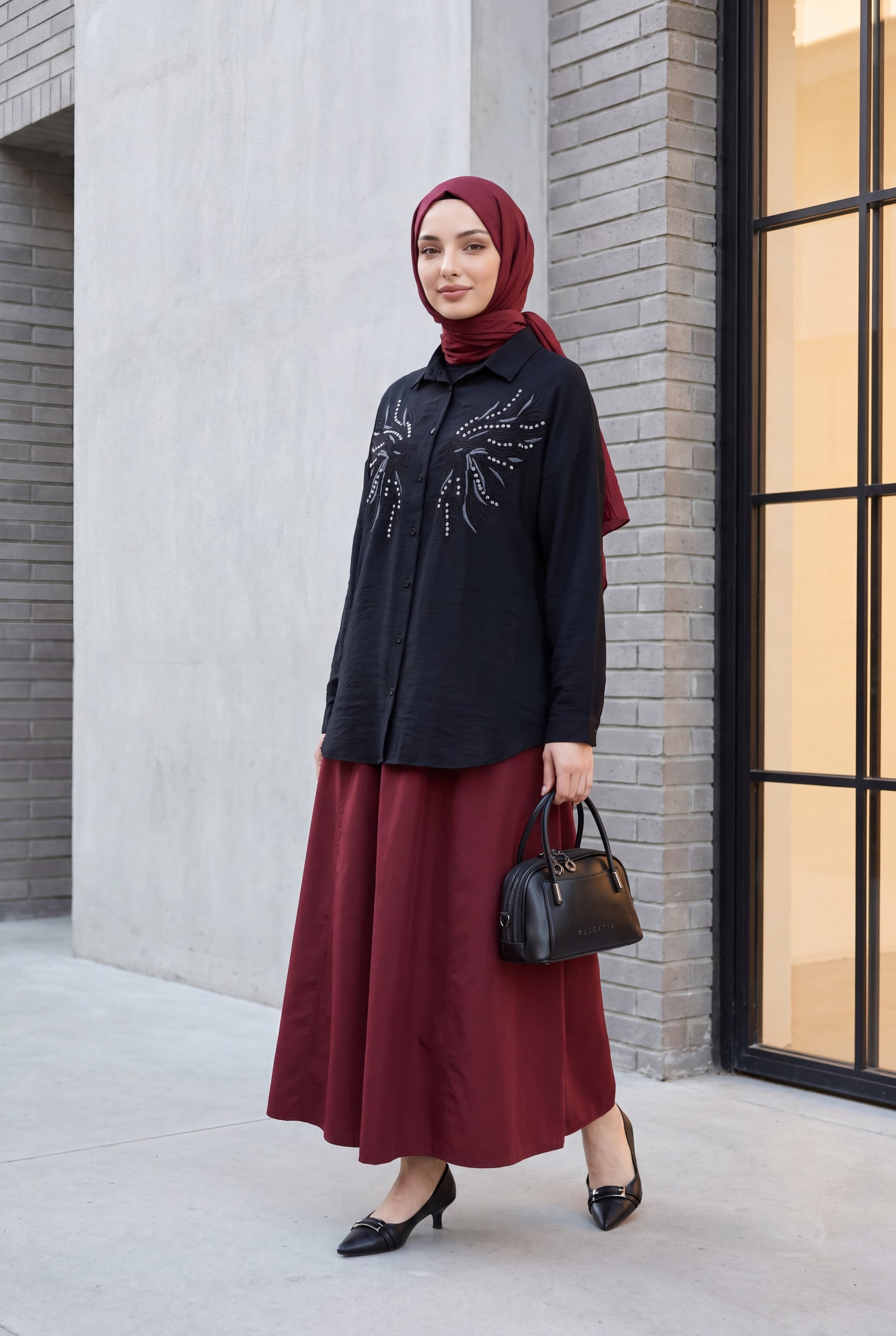 Black Stone and Embroidery Detailed Linen Look Shirt - Podyumplus - by Peralane - photo 3