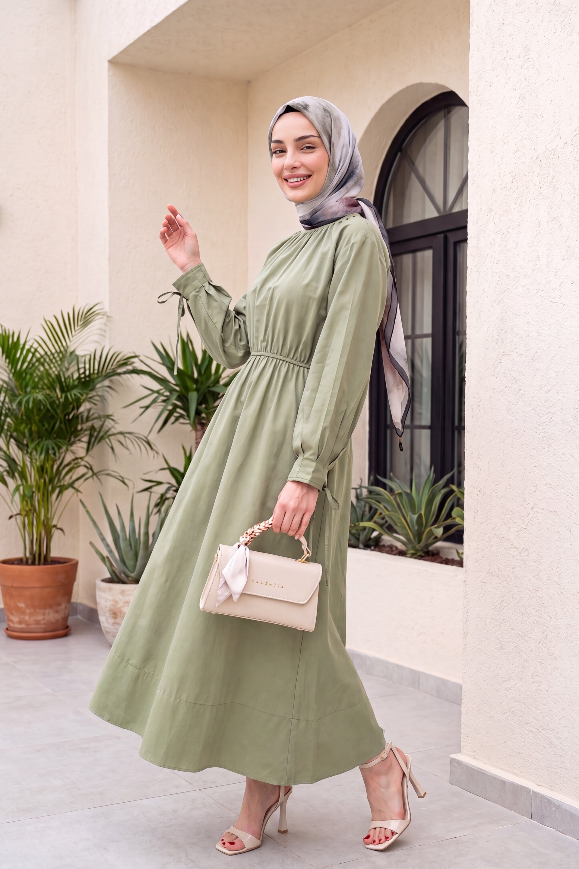 Tie Detail Elasticated Waist Poplin Dress - Khaki - Podyumplus - by Peralane - photo 3