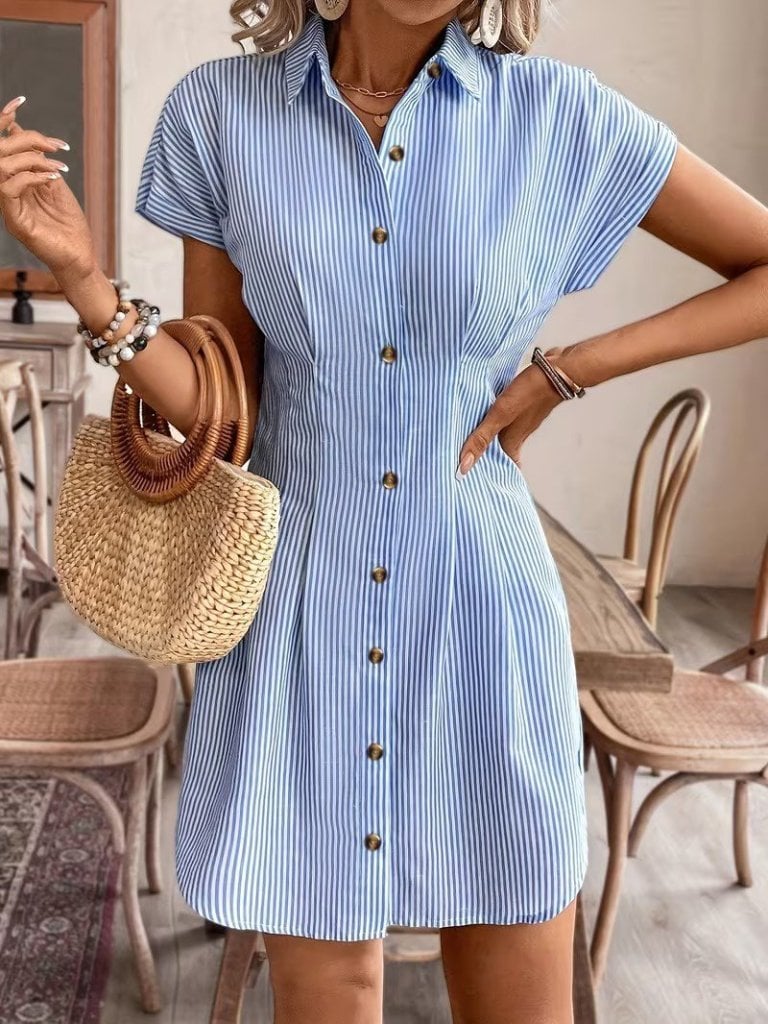 Women's Blue and White Striped Short-Sleeve Button-Front Shirt Dress - Janes - by Peralane - photo 2