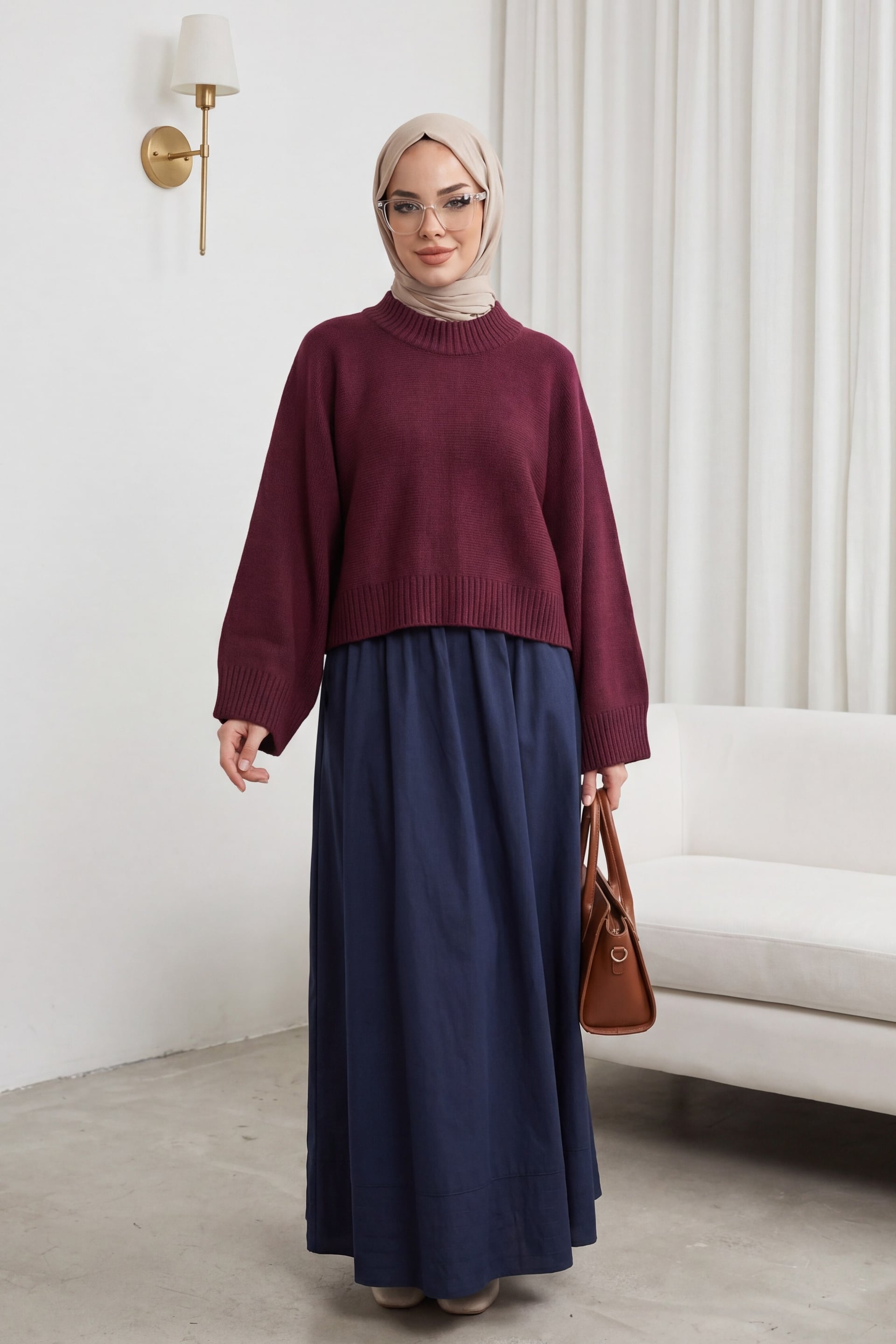 Half Mock Neck Batwing Sleeve Tunic Sweater - Maroon - Podyumplus - by Peralane - photo 2