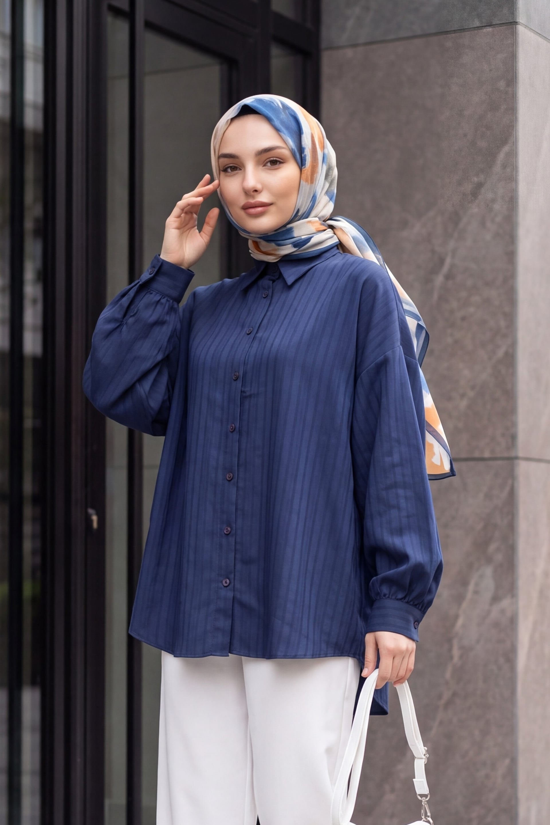 Oversize Long-Back Button Blouse - Navy - Podyumplus - by Peralane