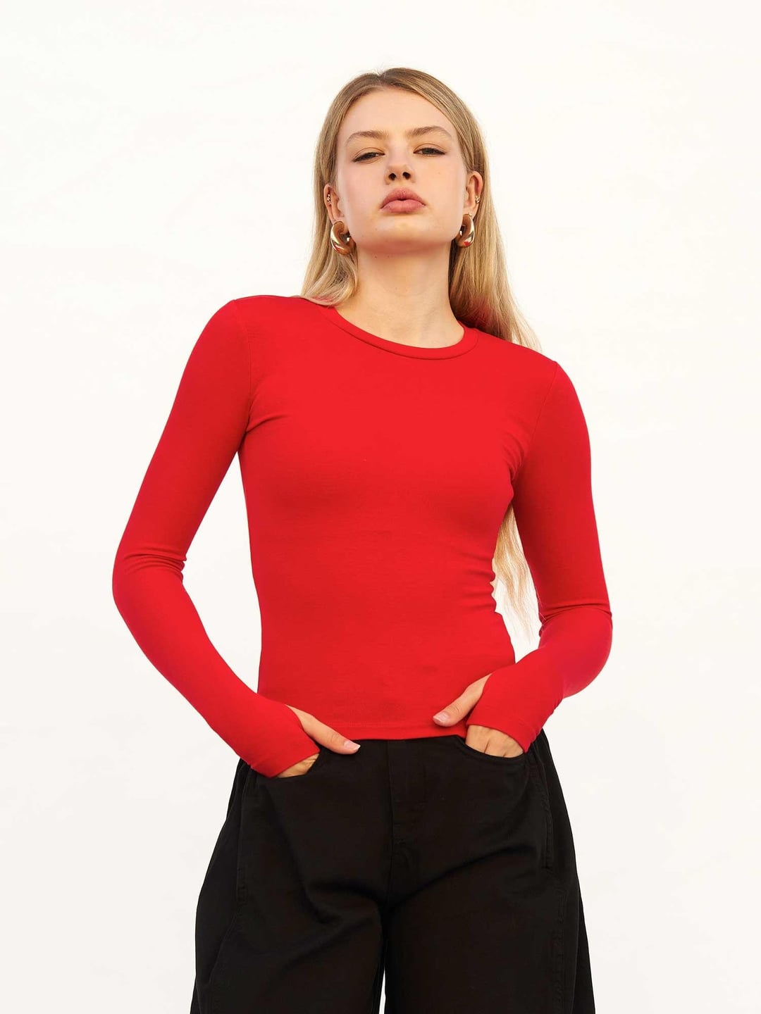 Women's Long-Sleeve Crew-Neck Ribbed T-Shirt with Thumbholes - Red - Lefon - by Peralane - photo 6