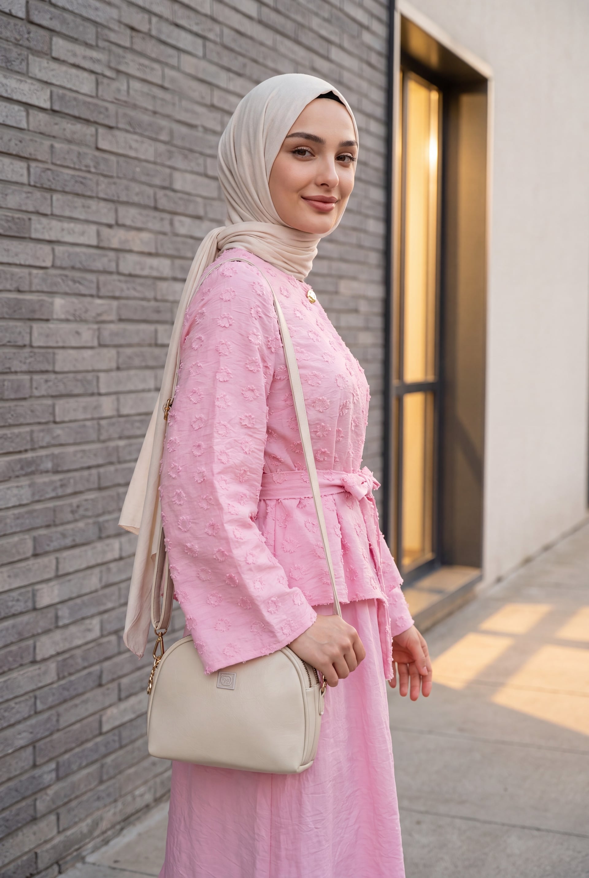 Textured Jacquard Co-ord Set with Belted Skirt - Pink - Podyumplus - by Peralane - photo 3