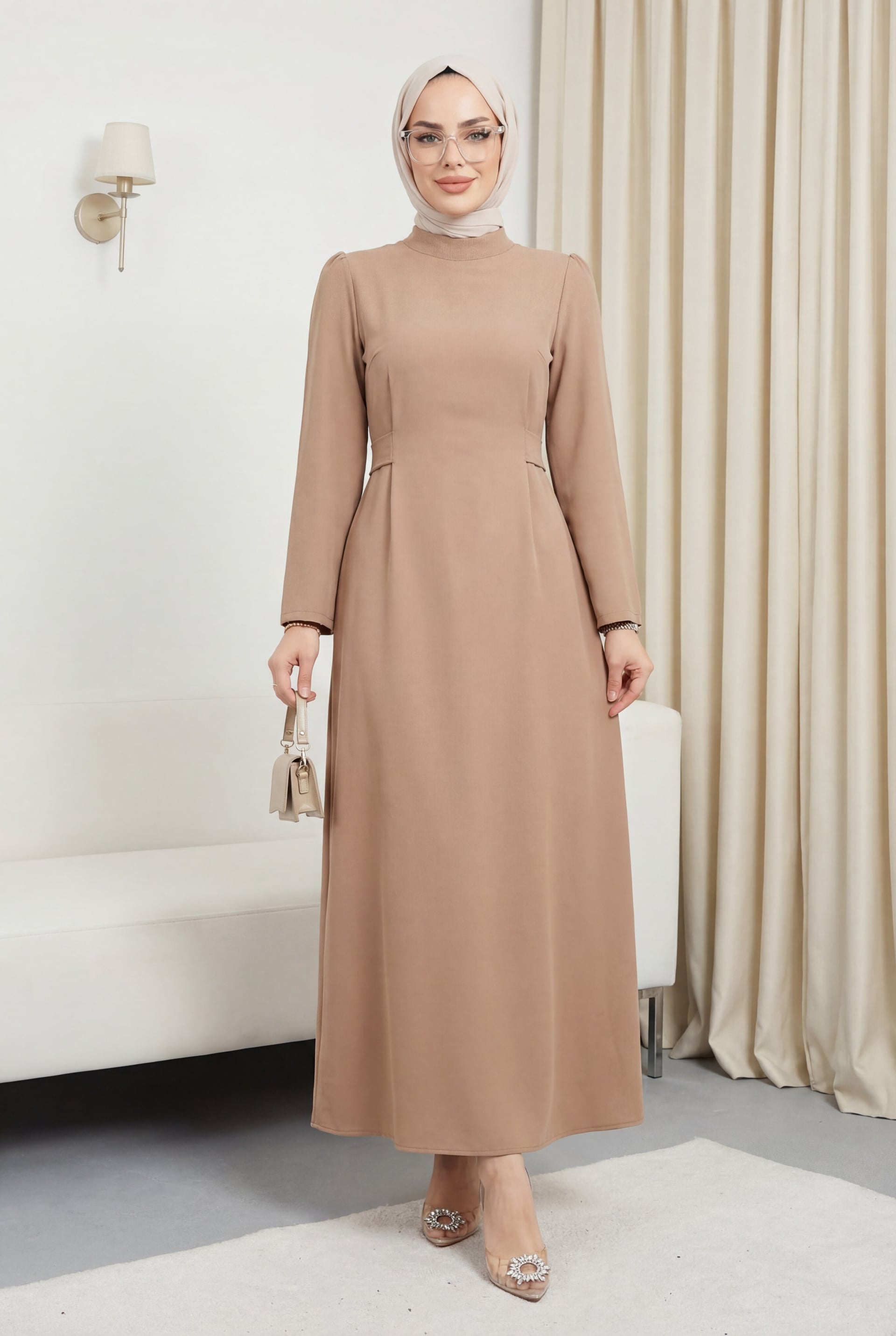 V-Neck Tie-Waist Midi Dress - Beige - Podyumplus - by Peralane - photo 5