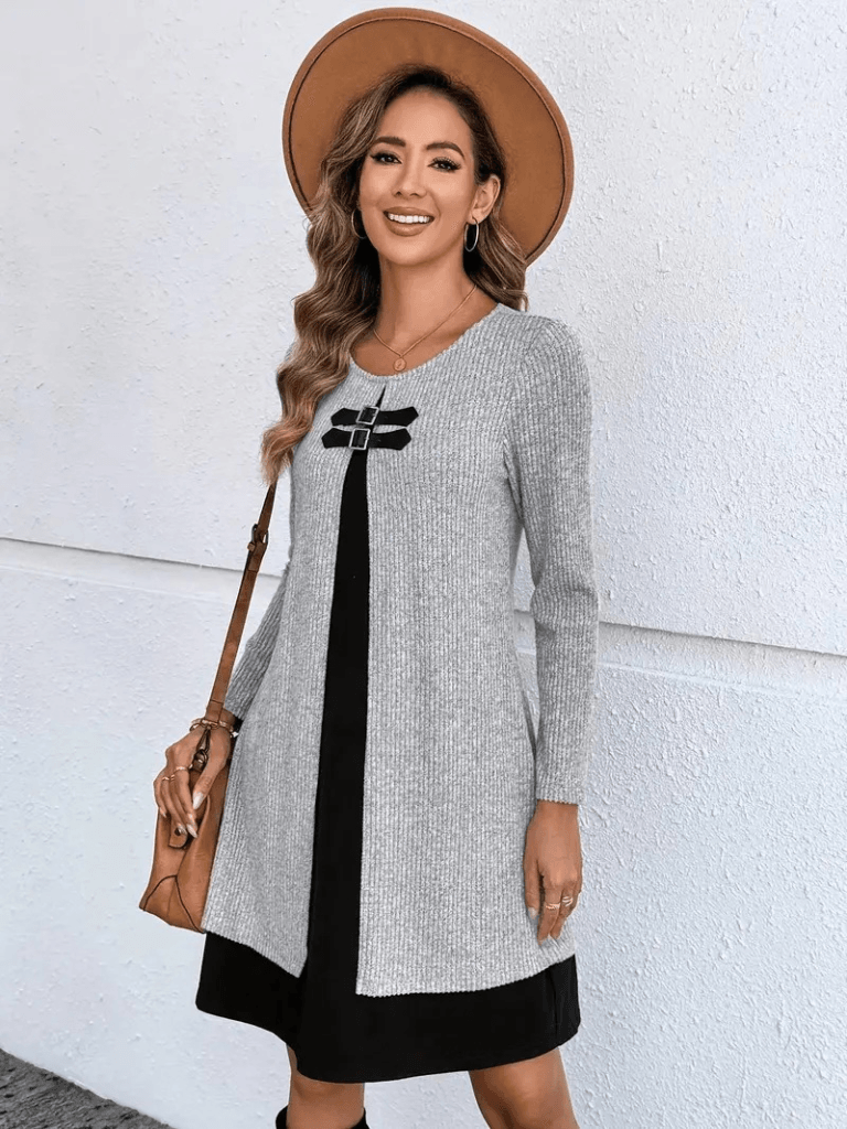 Women's Two-Piece Knit Dress Set with Buckle Overlay - Janes - by Peralane - photo 2