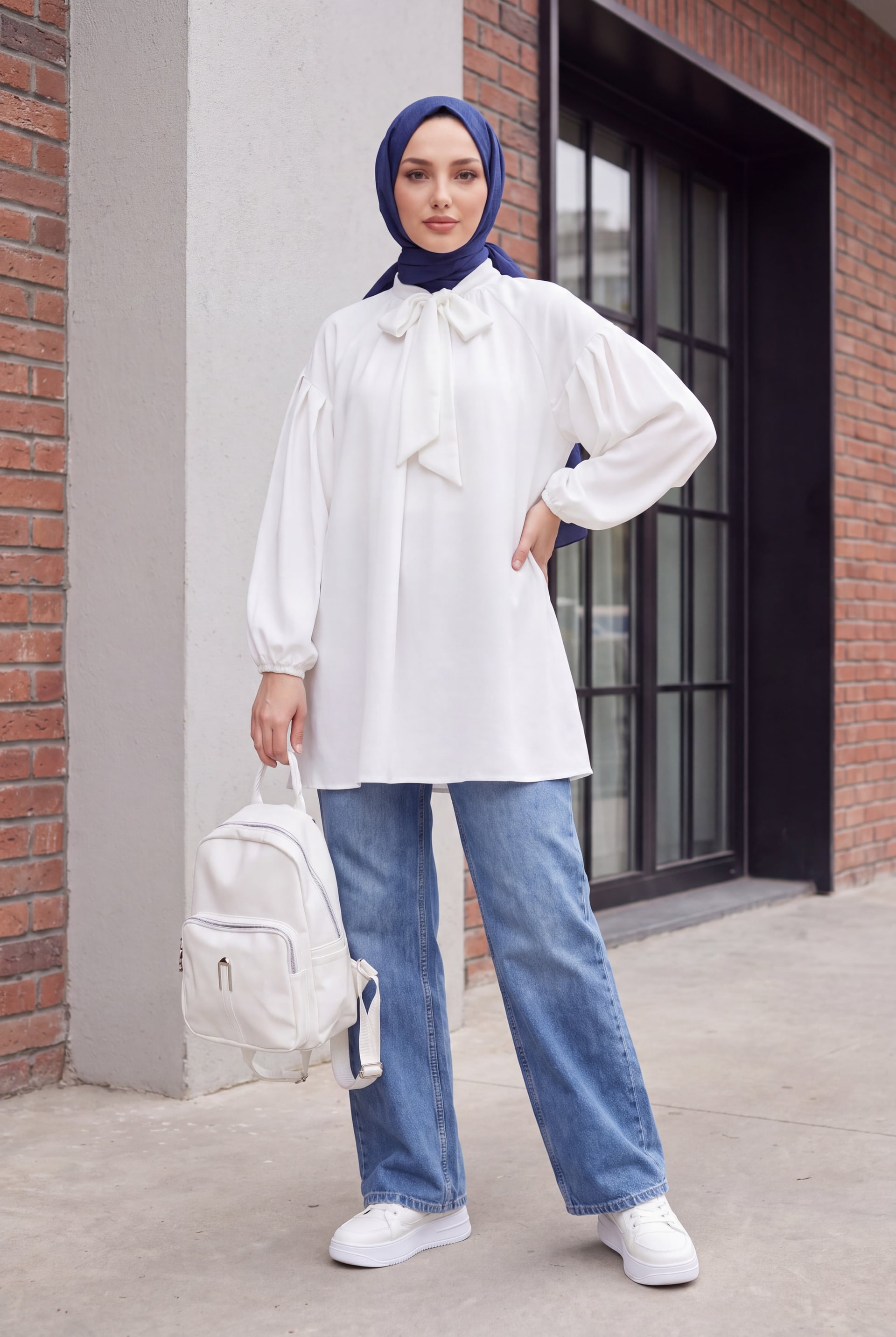 White Lace-up Collar Elastic Cuff Tunic - Podyumplus - by Peralane - photo 2