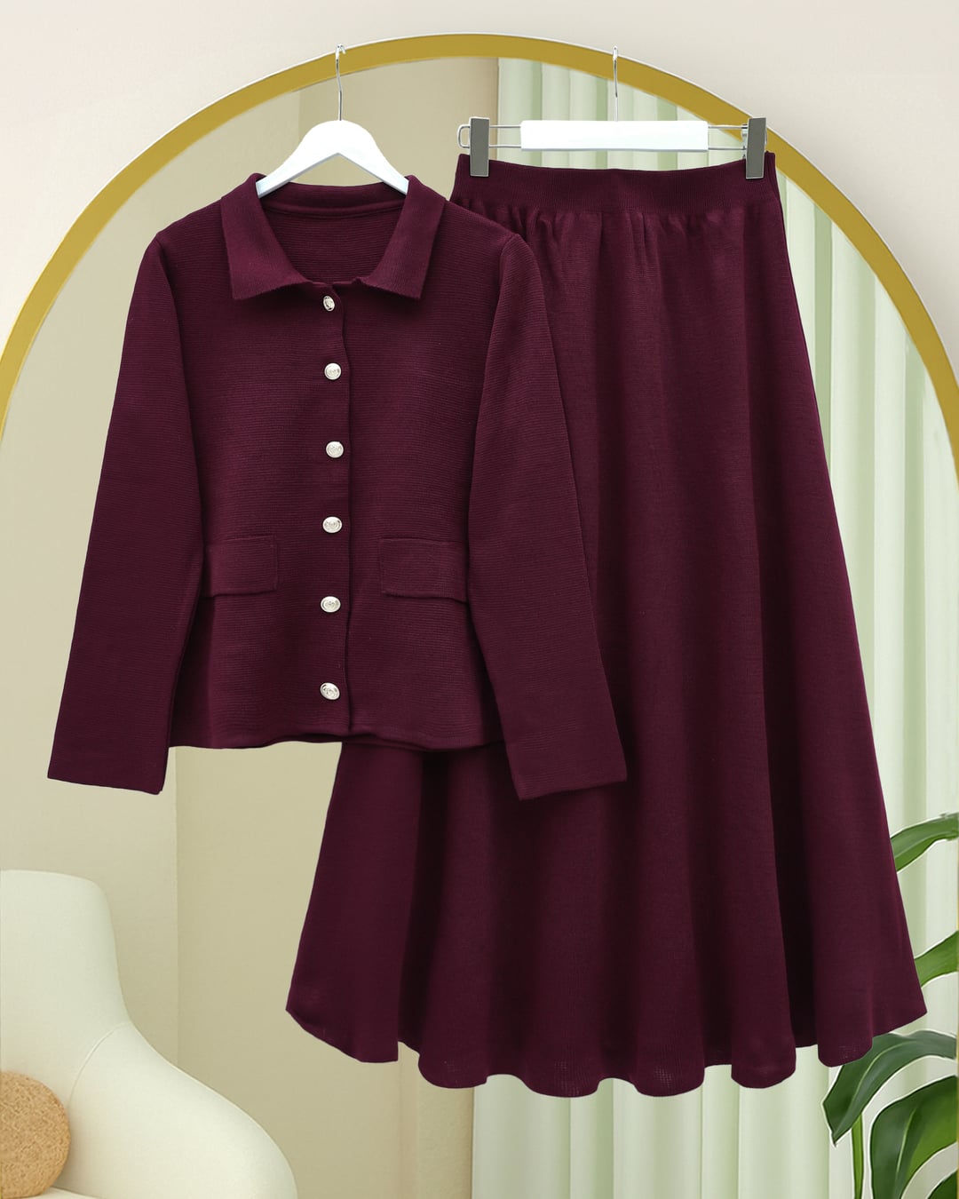 Front Button Skirted Collared Knit Set - Burgundy - Podyumplus - by Peralane - photo 2